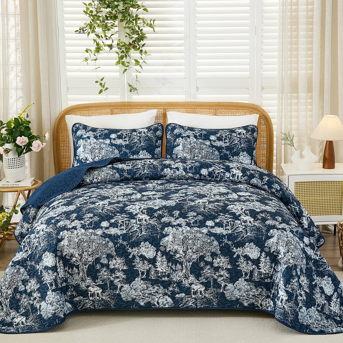 WONGS BEDDING Quilt Set Queen Size,3 Pieces Navy Blue Floral Plants Printed Bedspread Coverlet Set Soft Lightweight Toile Botanical Bedding Set for All Season (96"x90")