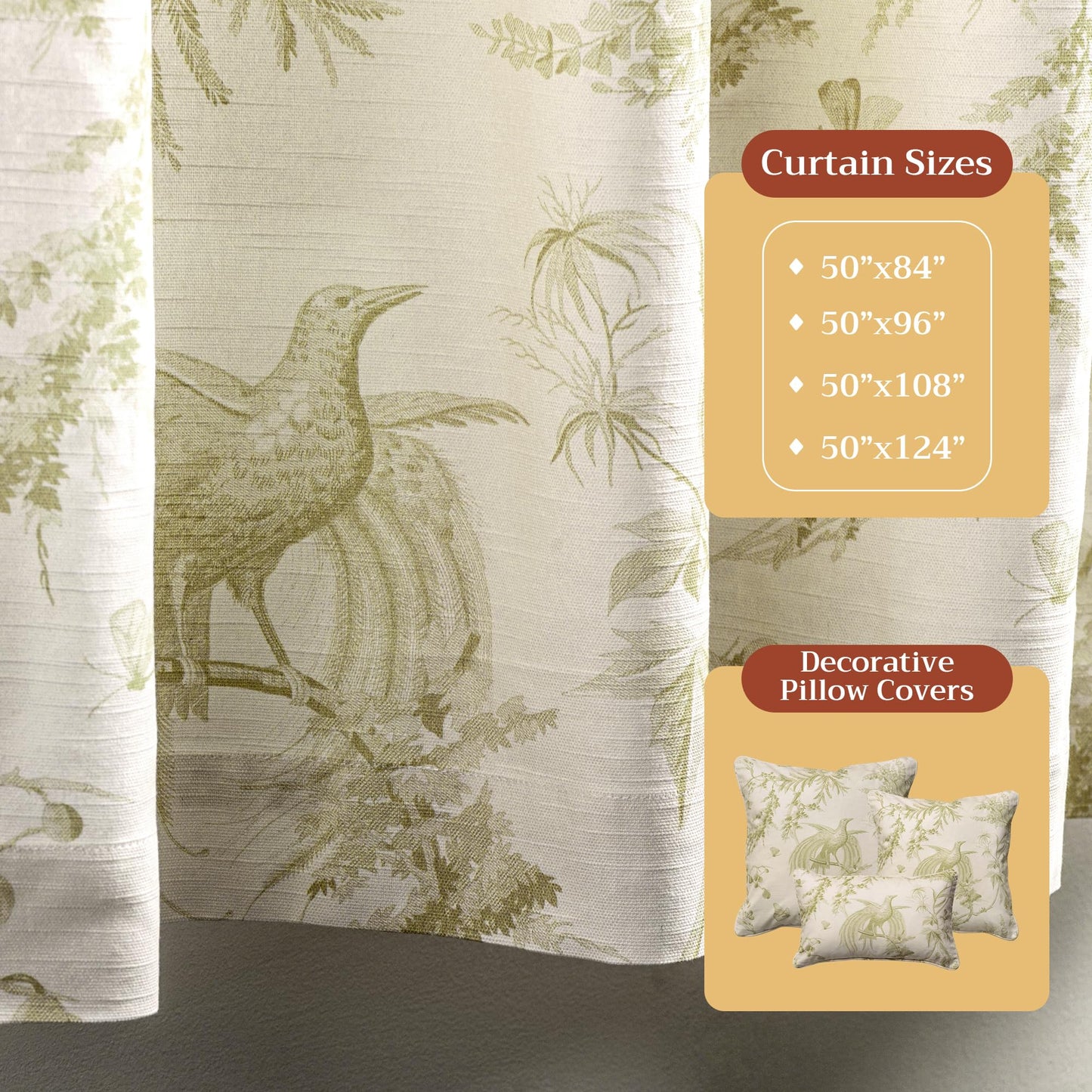Maison d' Hermine Curtains for Living Room 100% Cotton 96 inch Length One Panel Light Filtering Toile Curtains for Bedroom Windows with Rod and Loop Pockets Drapes (Paradise Sage, 50" W x 96" L)