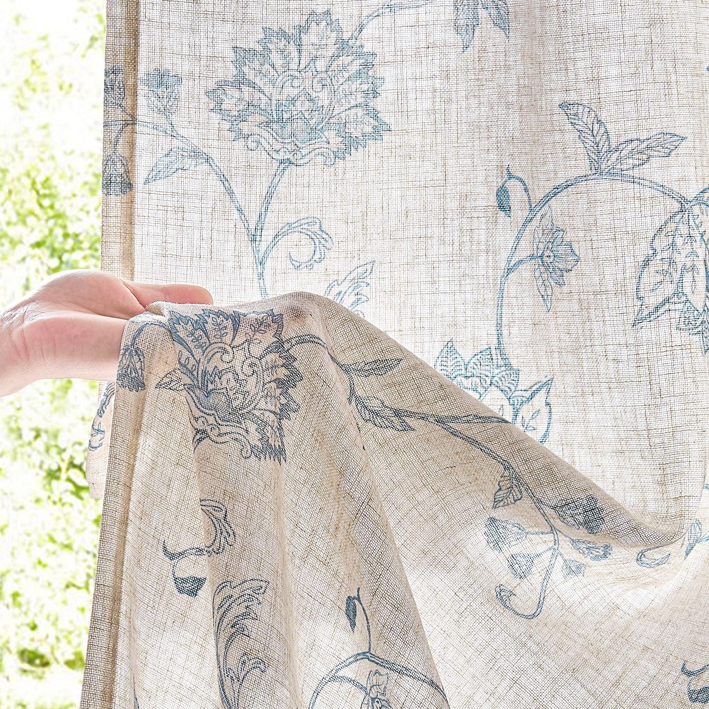 jinchan Linen Curtains Floral Curtain 84 Inch Length for Living Room Bedroom Light Filtering Rod Pocket Back Tab Jacobean Curtains Flax Linen Texture Window Drapes Set 2 Panels Blue on Linen