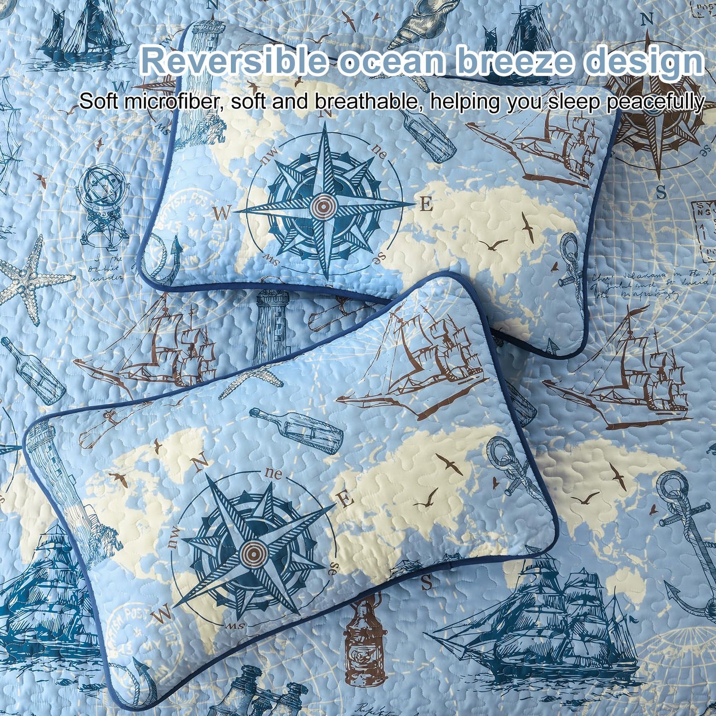 DJY Beach Quilt Set Queen Size,3 Piece Anchor and Sea Horse Coastal Ocean Bedspread Coverlet Set with 2 Pillow Cases Lightweight Soft Microfiber Bedding Set Thin Quilt for All Seasons (96"x90")