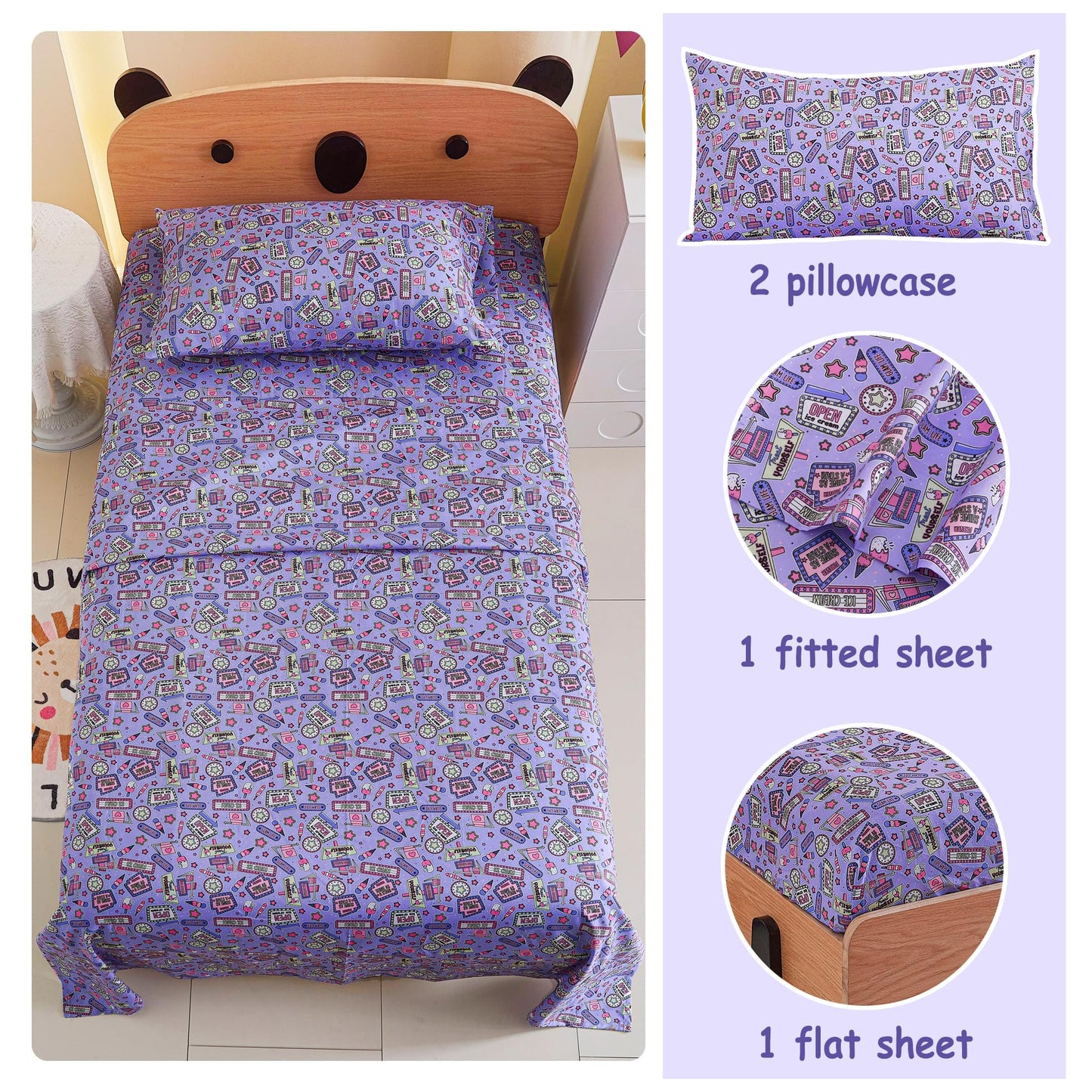 Softan Kids Bed Sheet Set, 4-Piece Full Size Sheets, Microfiber Fitted Sheet with 15 Inches Deep Pocket and Corner Straps, Breathable & Silky Soft Cool Girl Printed Sheet and Pillowcase Sets