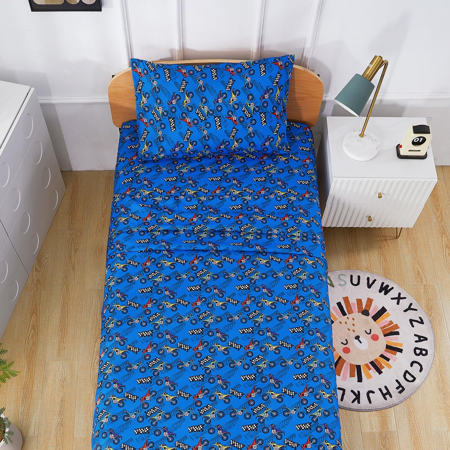 lasoftan Kids Sheet Set Twin Size, Twin Sheet Set with Motorcycle Pattern，Breathable Silky Soft Microfiber Kids Fitted Sheet