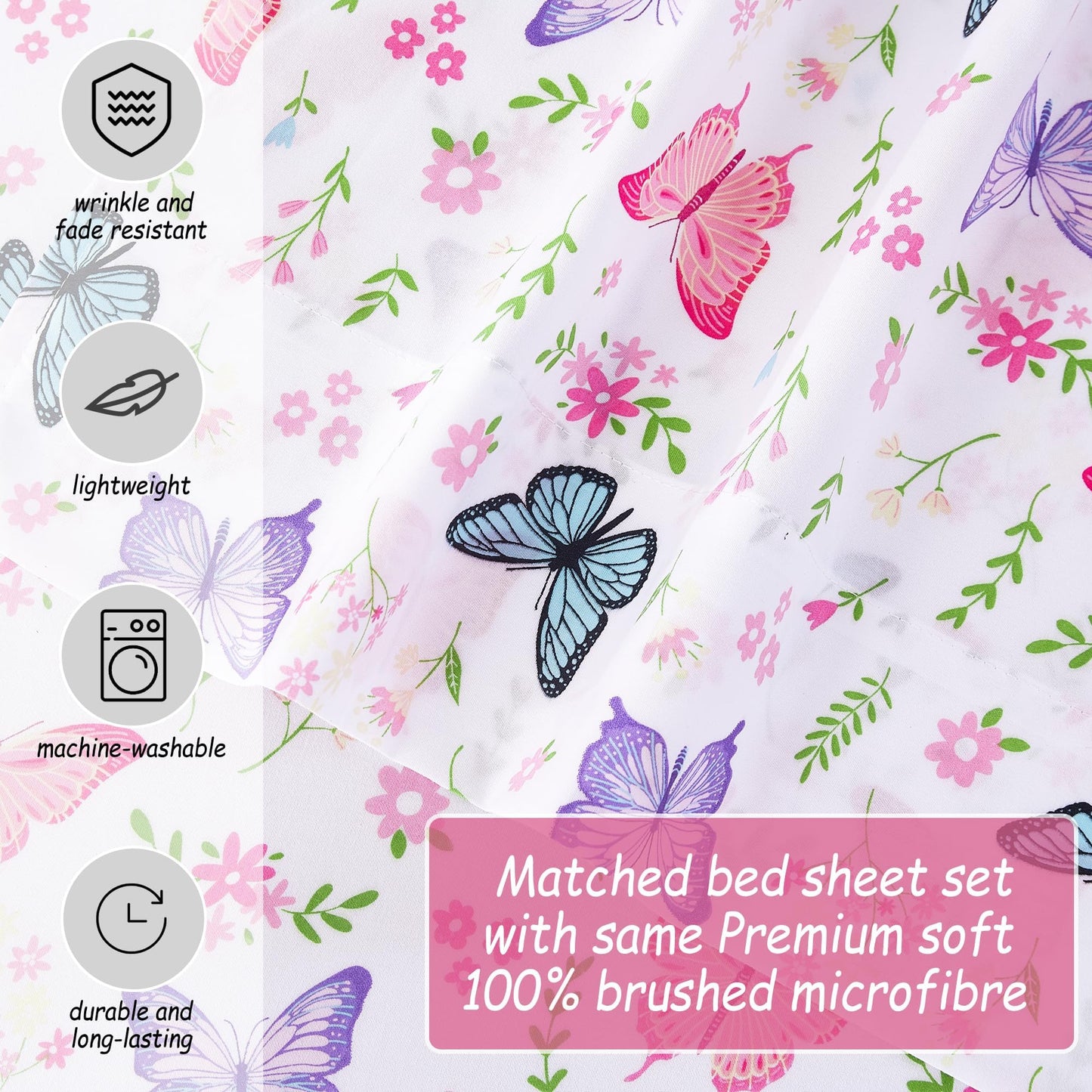 Softan Kids Bed Sheet Set, 3-Piece Twin Sheets Set, Microfiber Fitted Sheet with 15 Inches Deep Pocket and Corner Straps, Breathable & Silky Soft Butterfly Flower Printed Sheet and Pillowcase Sets
