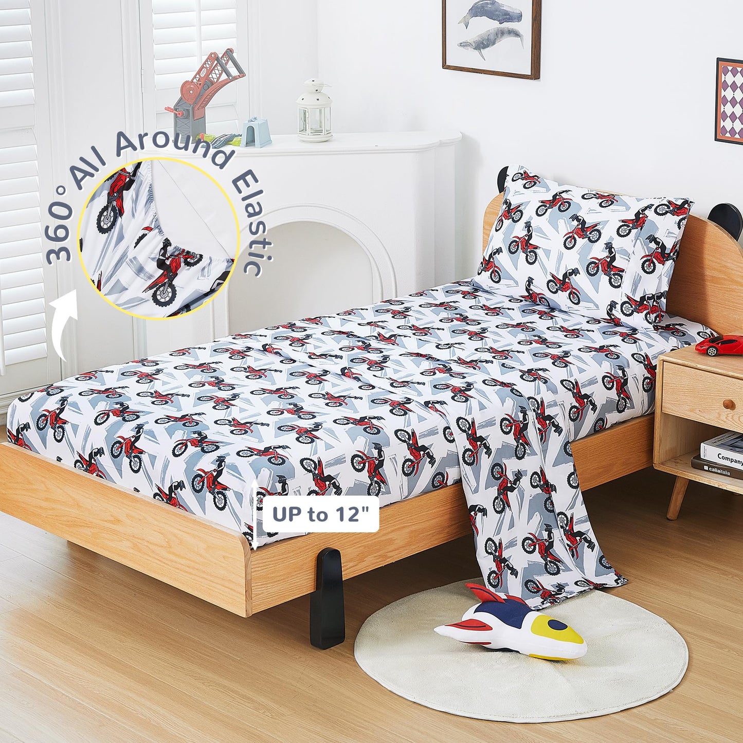 Viviland 3 Pieces Boys Grey Twin Sheet Set - Soft Microfiber Fitted Flat Sheets & Pillowcase - Red Motorcycle Print Bedding Sets - for Kids & Toddlers