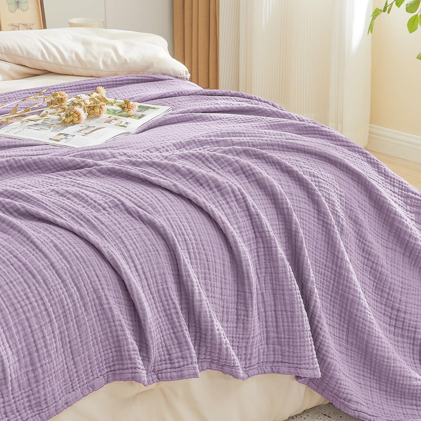 EMME Cotton Muslin Blanket King Size - Soft, Breathable Layering Blanket, 108"x90", All Season Gauze, Lavender