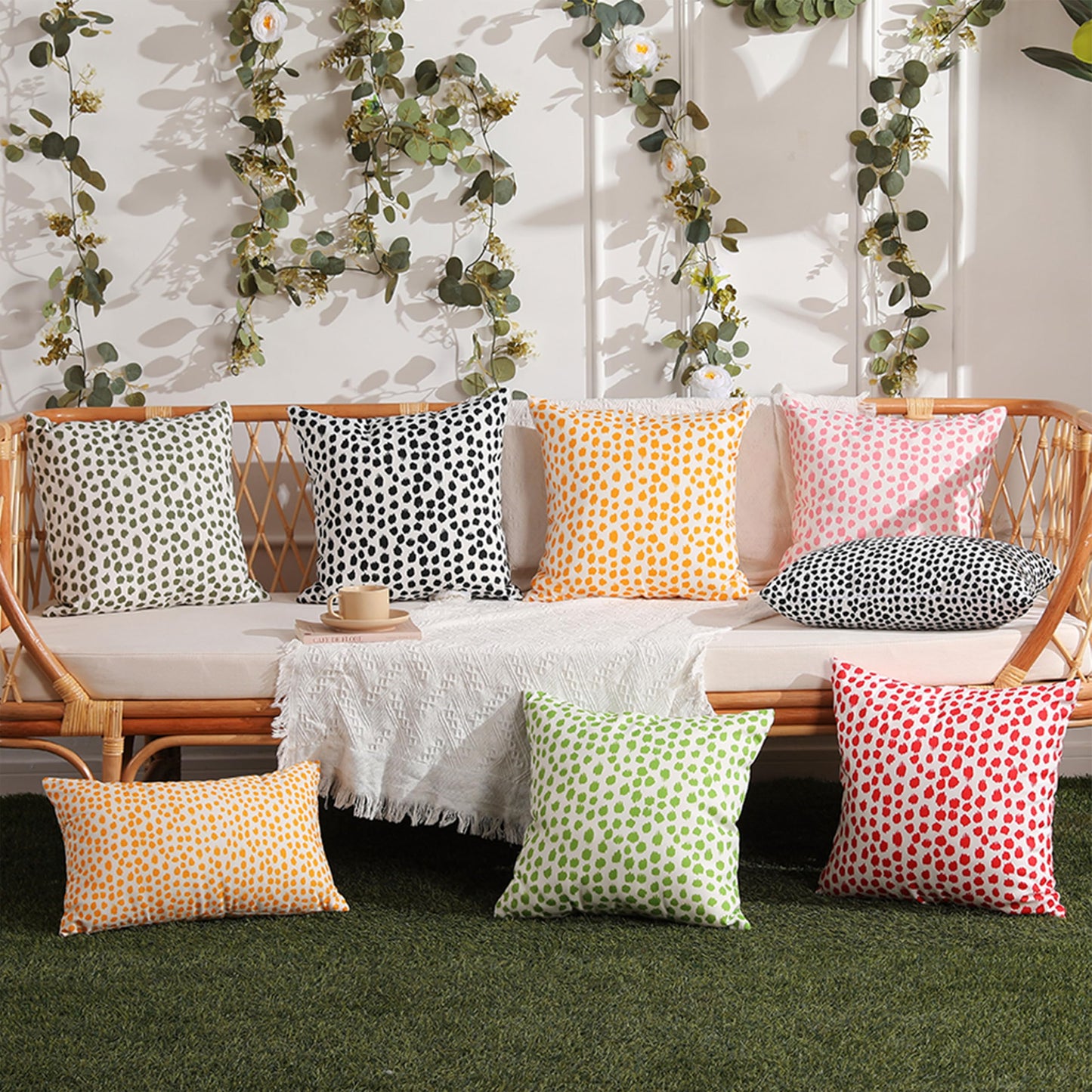 Allorry Outdoor Pillow Covers 18x18 Set of 2 Boho Design Yellow Polka Dot Decorations Pillows Summer Outdoor Waterproof Patio Furniture Garden Porch Sofa Bed Cushion Covers Home Decor JB001-A18