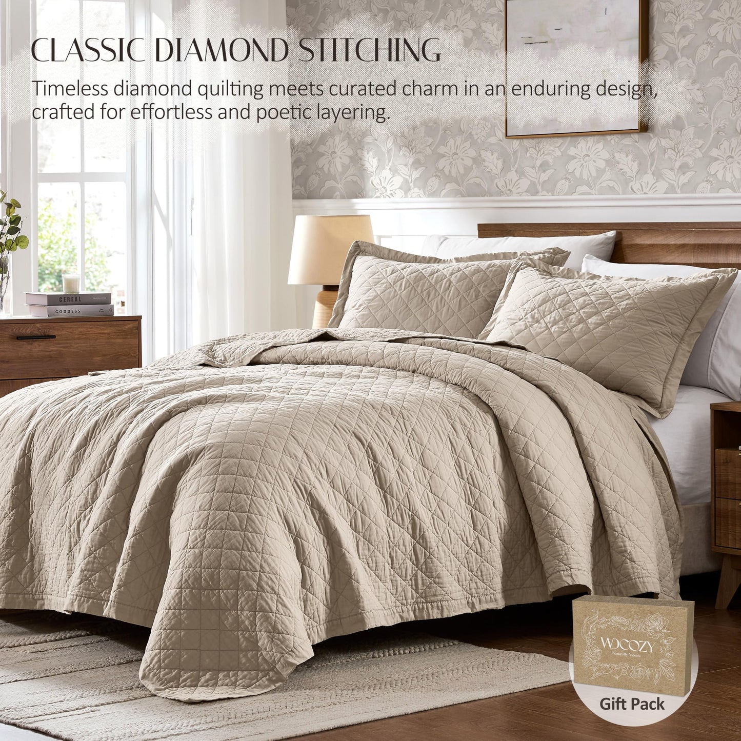 WDCOZY 100% Cotton Quilt Oversized King Size Bedspread, Pre-Washed 3-Piece Lightweight Soft Coverlet Set with 2 Pillow Shams, Farmhouse Design All Season Bedding Set, Beige
