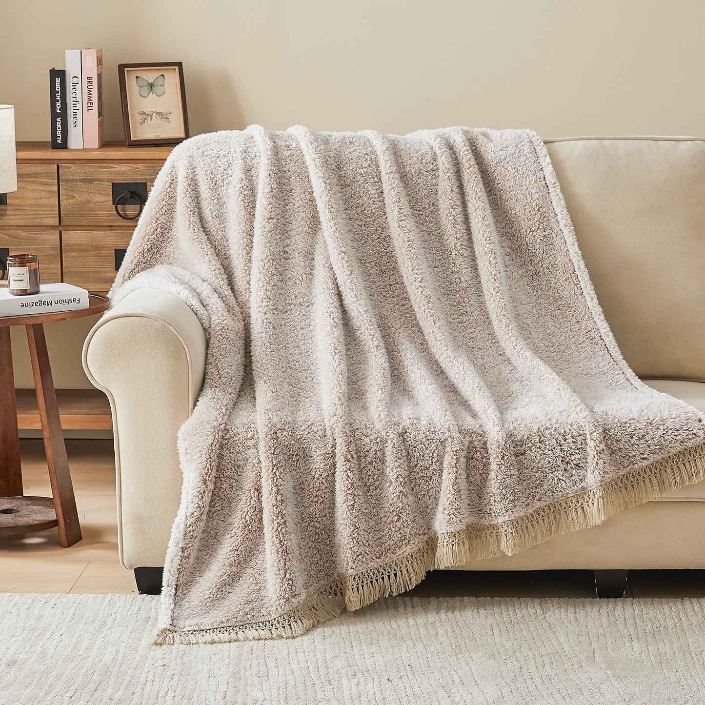 EMME Soft Sherpa Fleece Blanket with Tassel, Reversible Plush Fluffy Large Blanket, Light Weight Warm Decorative Boho Blanket Cover for Sofa, Couch, Bedroom,Travel(Tassel Khaki,108"x90")