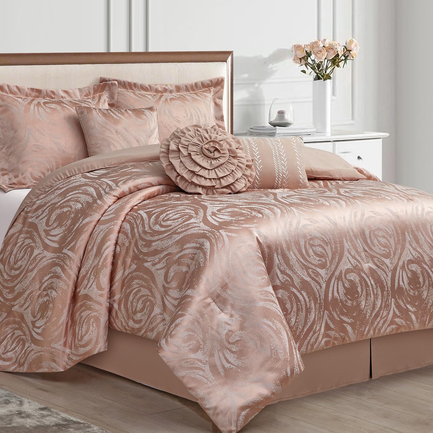 LANCO MODERN LIFESTYLE Bright Blush 7 Piece Comforter Set, King, Elegant Floral Jacquard, Ultra Soft Bed Set for All Seasons, Bed in a Bag, Include Comforter, Bed Skirt, Pillow Shams & Decor Pillows