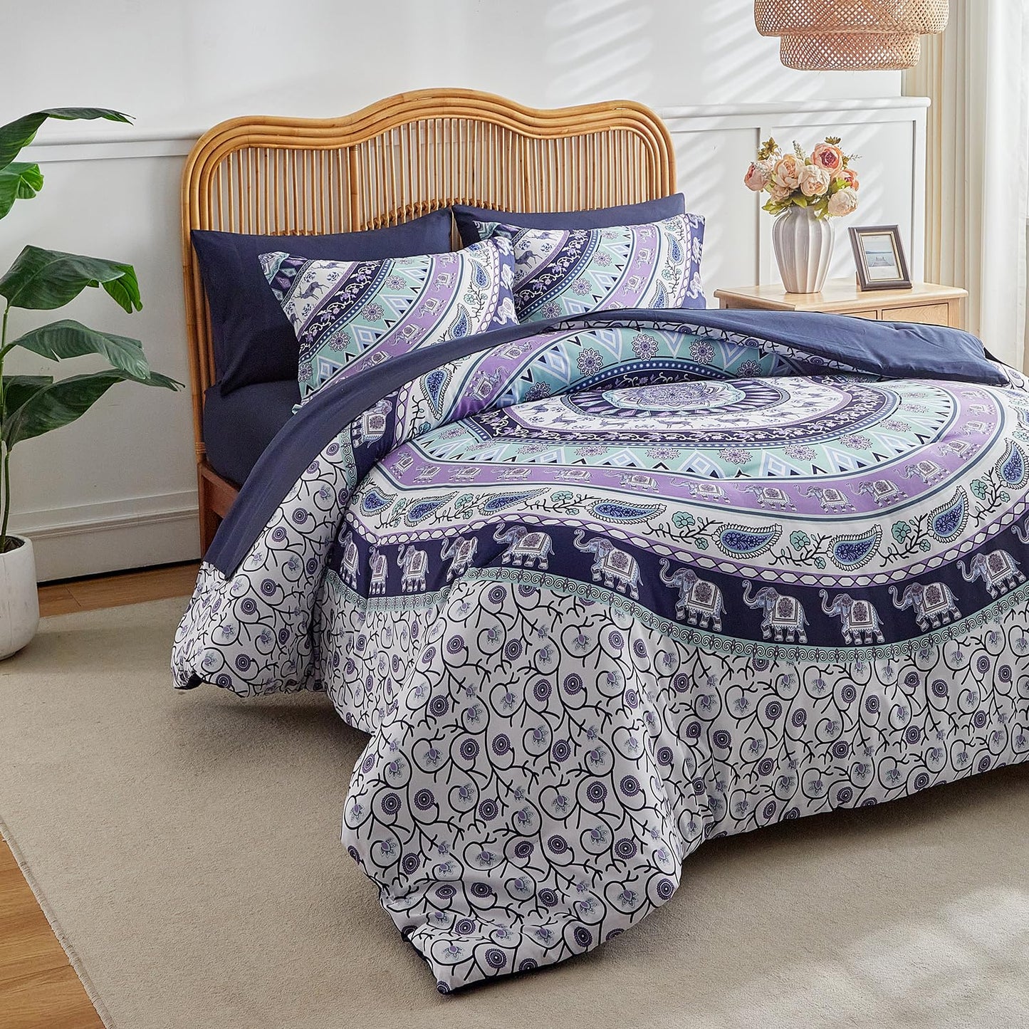 Boho Comforter Sheet Set Bohemian Bed in a Bag Queen Size Bedding Set, Purple Elephant Paisley Circle 7pc Bedding Set (1 Comforter 2 Pillow Shams 1 Pink Flat Sheet 1 Fitted Sheet 2 Pillowcases)