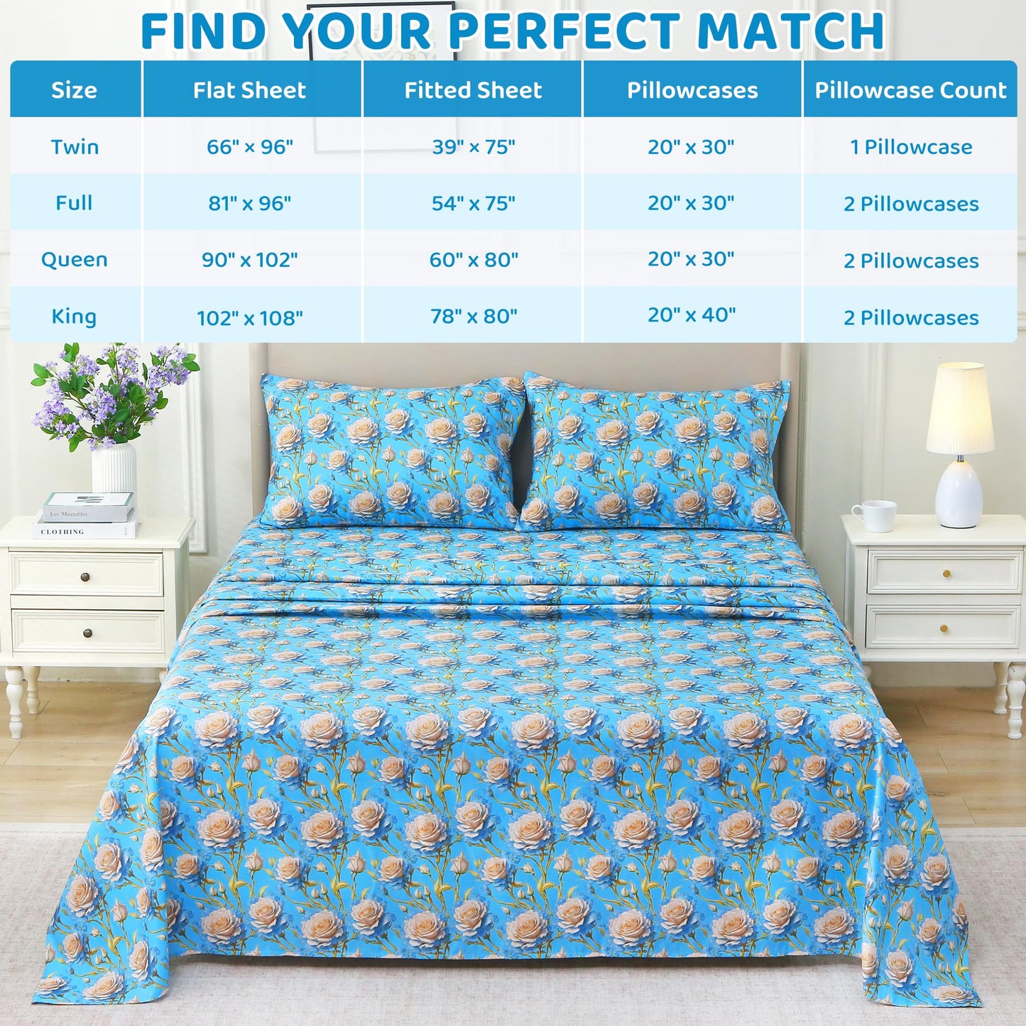 Mooreeke Cozy Floral Microfiber Printed Twin Sheet Set - Soft & Breathable 3D Rose Bed Sheets with Deep Pocket - Non-Slip Fitted Design - Blue White Rose Pattern - Queen