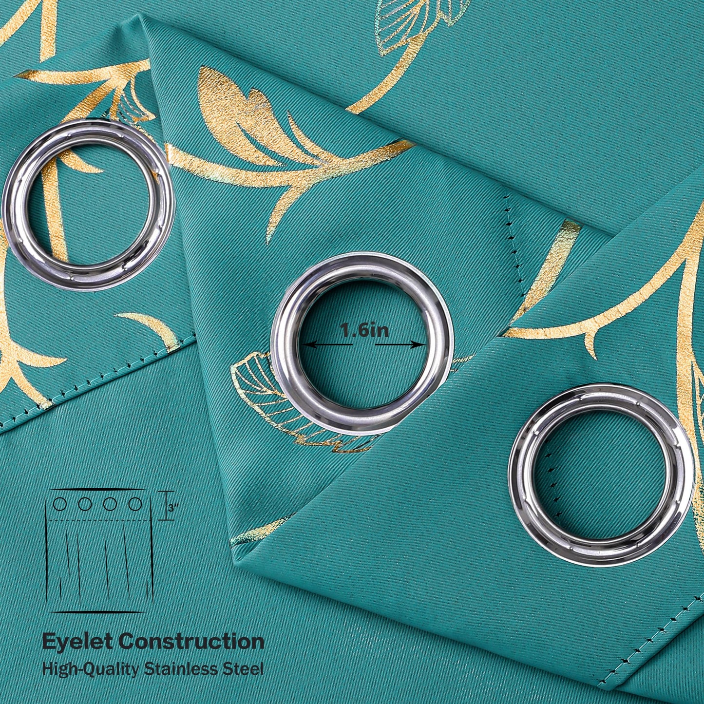 BUHUA Blackout Curtain 2 Panel Set Gold Vine Foil Print Thermal Insulated Drapes Room Darkening Curtains Grommet Window Treatment, 52 x 72 Inch, Teal Blue
