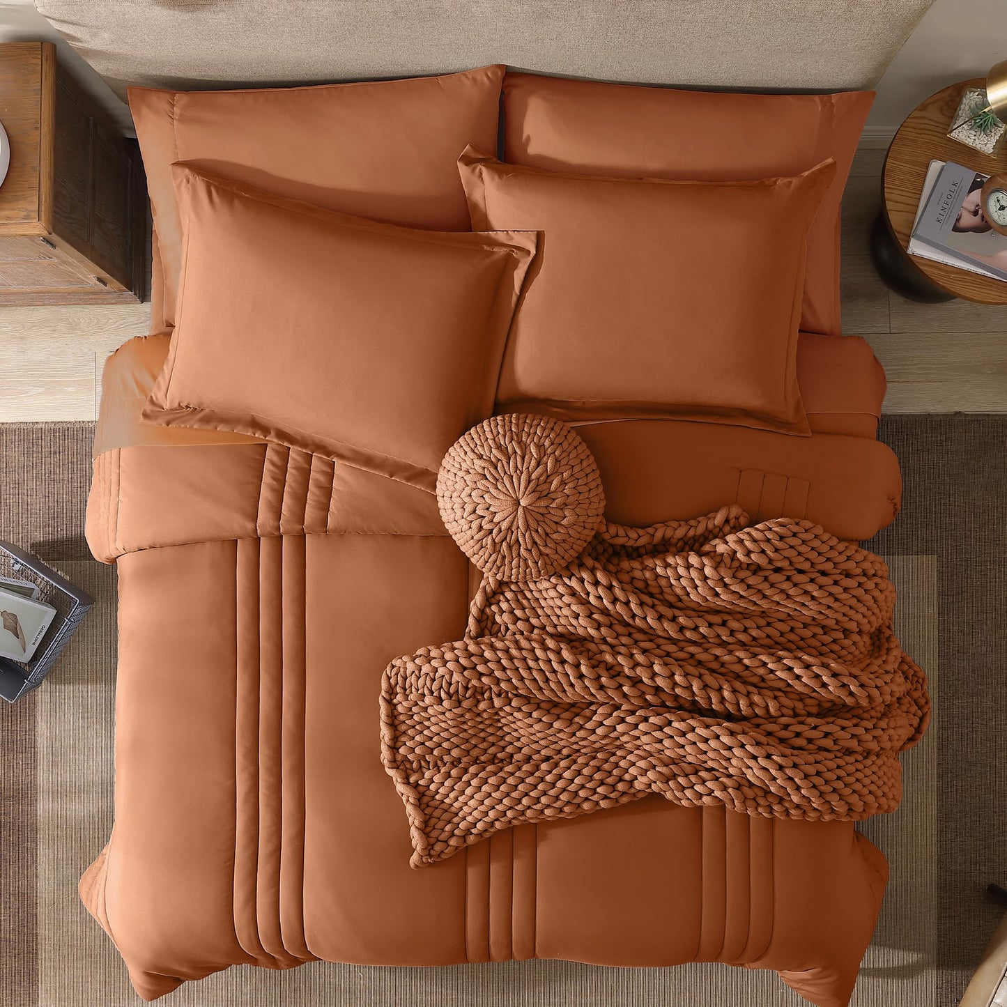 Monbix Queen Comforter Set - 7 Pieces Burnt Orange Bed in a Bag Queen Bedding Sets with Comforters, All Seasons Comforter Bed Set with Sheets, Pillowcases & Shams