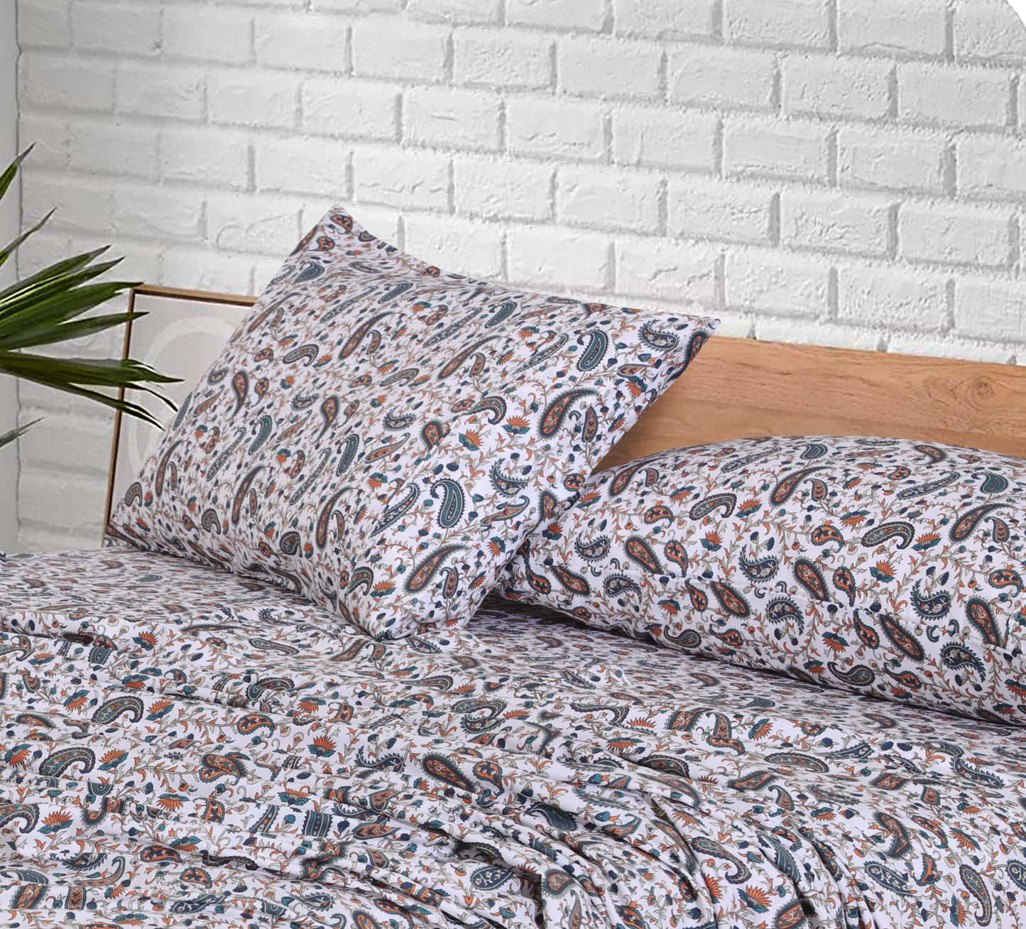 RUVANTI 100% Cotton Percale Sheets, Full Size, Teal Paisley