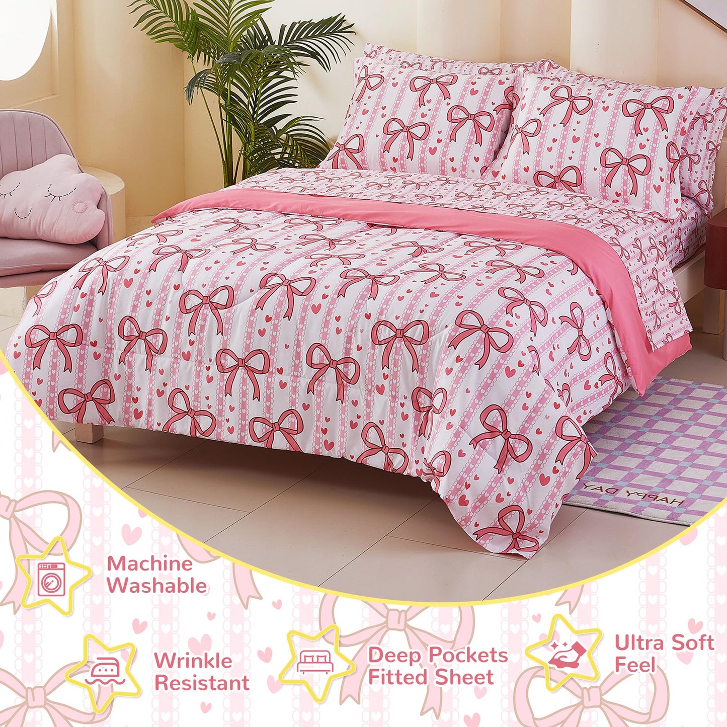 Viviland Kids Full Bedding Sets for Girls, Soft Full Comforter Set with Sheets, 7 Pieces Microfiber Bed in a Bag, Pink Bow