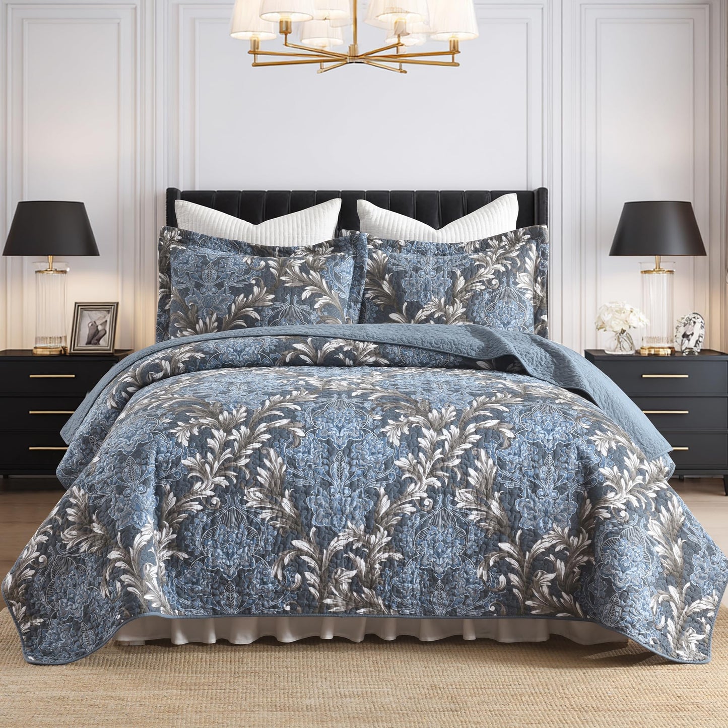 BCOTTOND King Size Quilt Set - Blue Gray and White Quilt Set King, 100% Cotton Floral Bedspread Set 3 Piece, Traditional Elegant Lightweight Comforter, Reversible Quilt Bedding Set for All Season