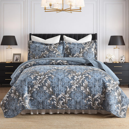 BCOTTOND King Size Quilt Set - Blue Gray and White Quilt Set King, 100% Cotton Floral Bedspread Set 3 Piece, Traditional Elegant Lightweight Comforter, Reversible Quilt Bedding Set for All Season