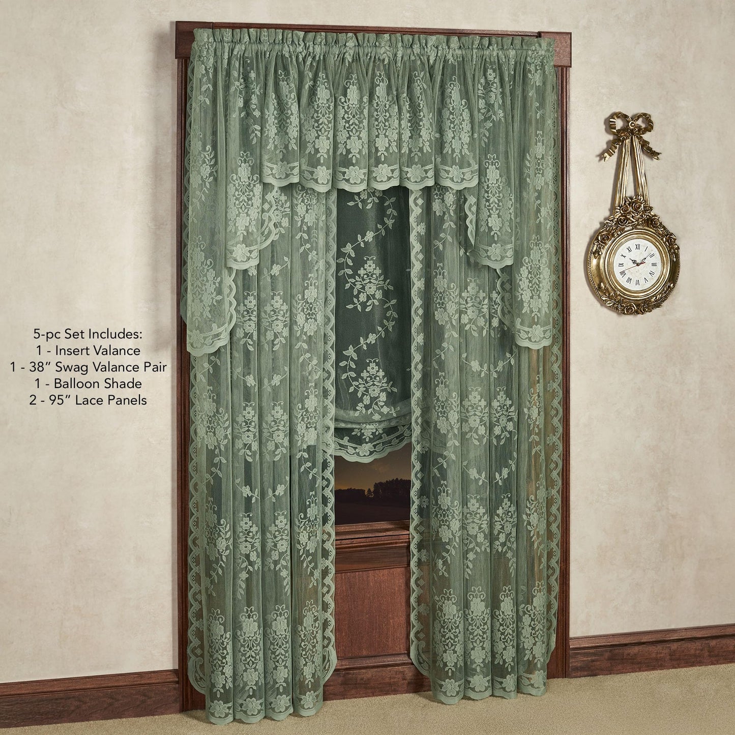 Luxury Sheer Polyester Fiona Lace Window Treatment | 5 Piece Set: Balloon Shade, 38L Swag Pair, 95L Panels, Insert Valance | Timeless Classic Traditional | Sage Green | Rod Pocket | Machine wash