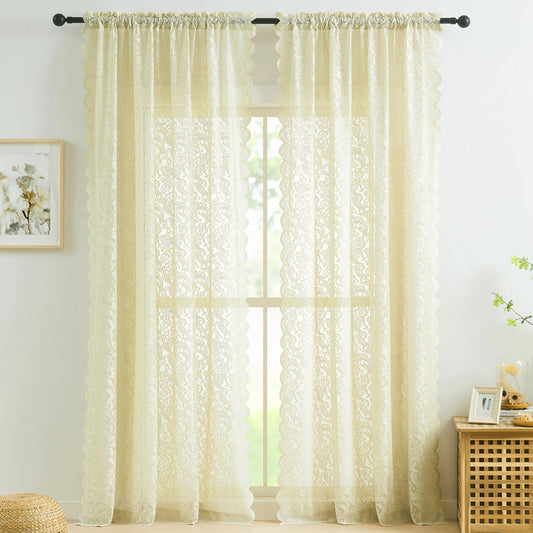 Bujasso Ivory Lace Sheer Curtains 84 inch Vintage Floral Sheer Window Curtain Panels for Living Room Bedroom Romantic Light Filtering Ivory Drapes Window Treatment Sets Rod Pocket 2 Panels 54" Wx84 L