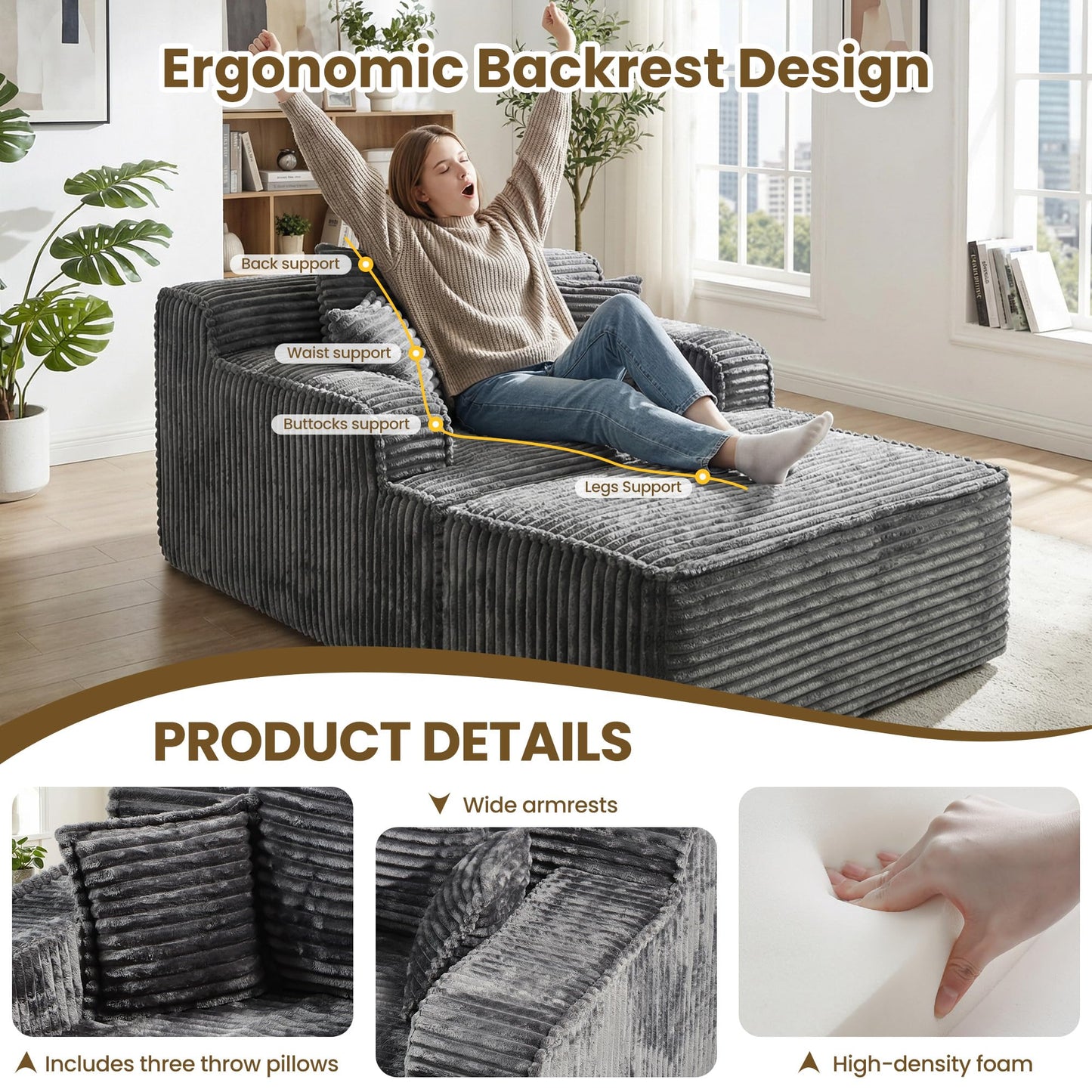 feliz home Chaise Lounge Chair Indoor,Boneless Chair with Ottoman,Comfy Reading Chair for Adults,Small Sofa Bed Couch for Living Room,Single Sleeper Chair Bed,Grey