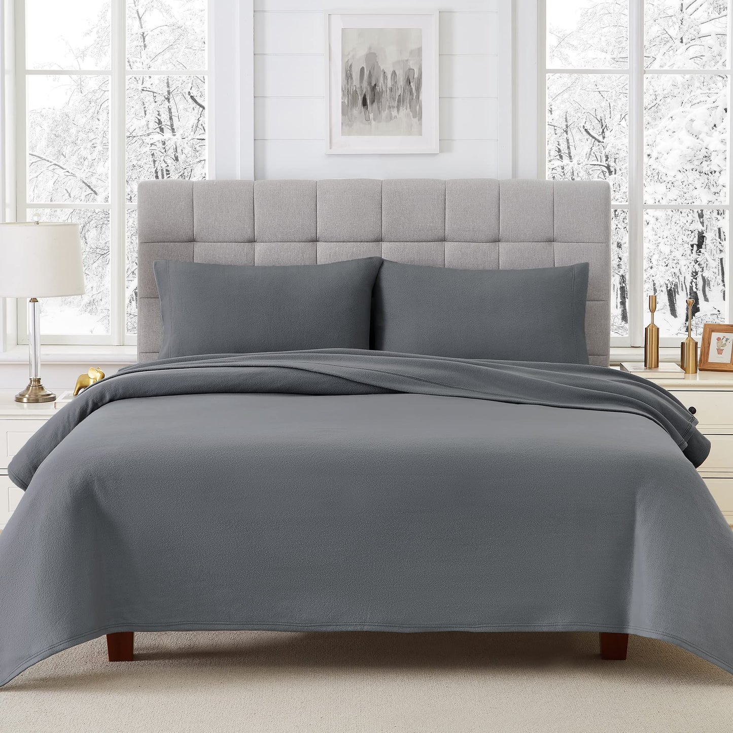 Viviland Plush Micro Fleece Full Bed Sheet Set - Soft Polar Fleece Velvet Sheets - Extra Warm Winter Flannel Bed Sheets with Deep Pocket - Dark Gray - Full