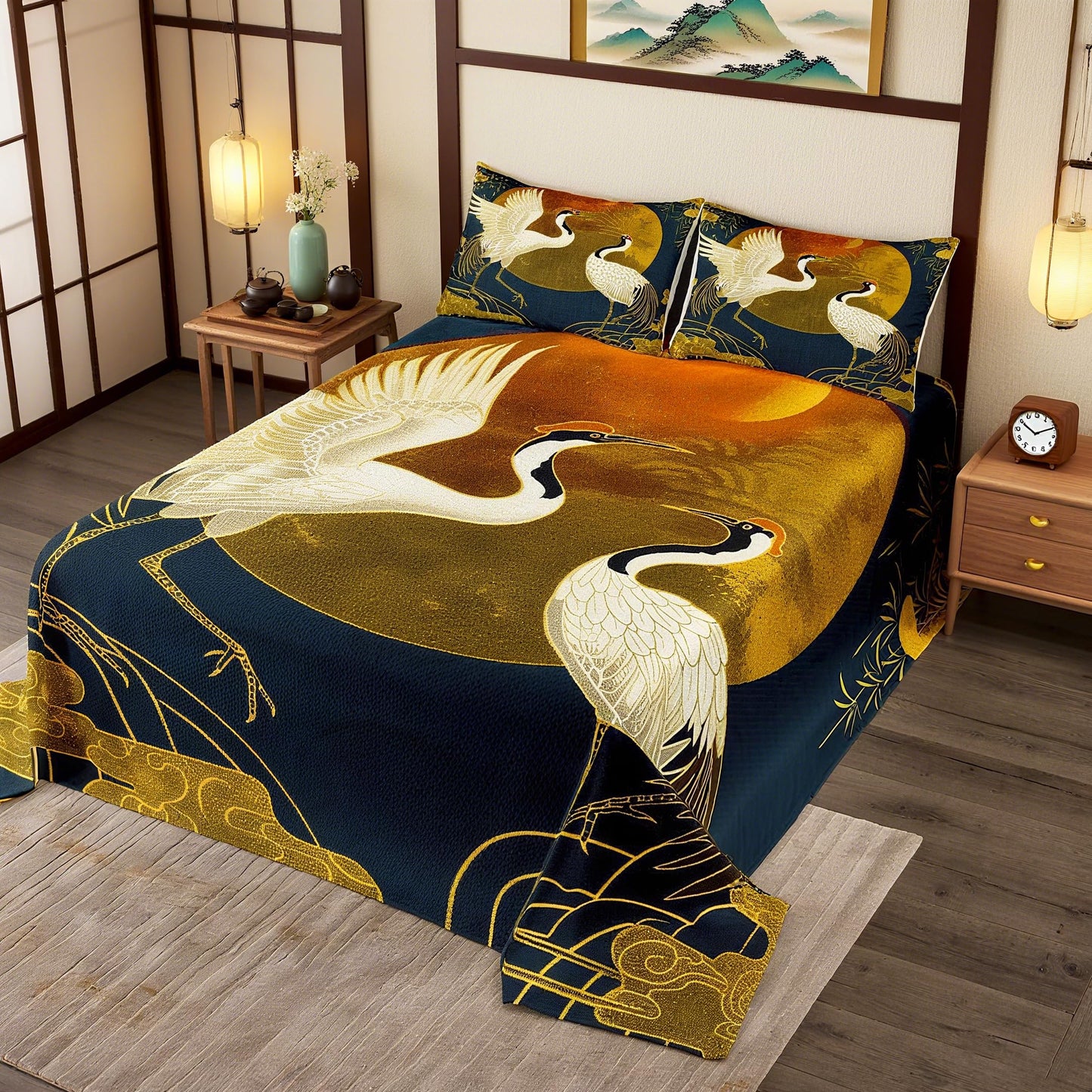 Japanese Crane Bedspread Queen Size,Gold Sun Cloud Stripes Bedding Sets 3Pcs,Retro Ukiyoe Leaf Print Comforter Set for Adult Women Men Room Decor,Wild Animals Coverlet Quilt,2 Pillowcases