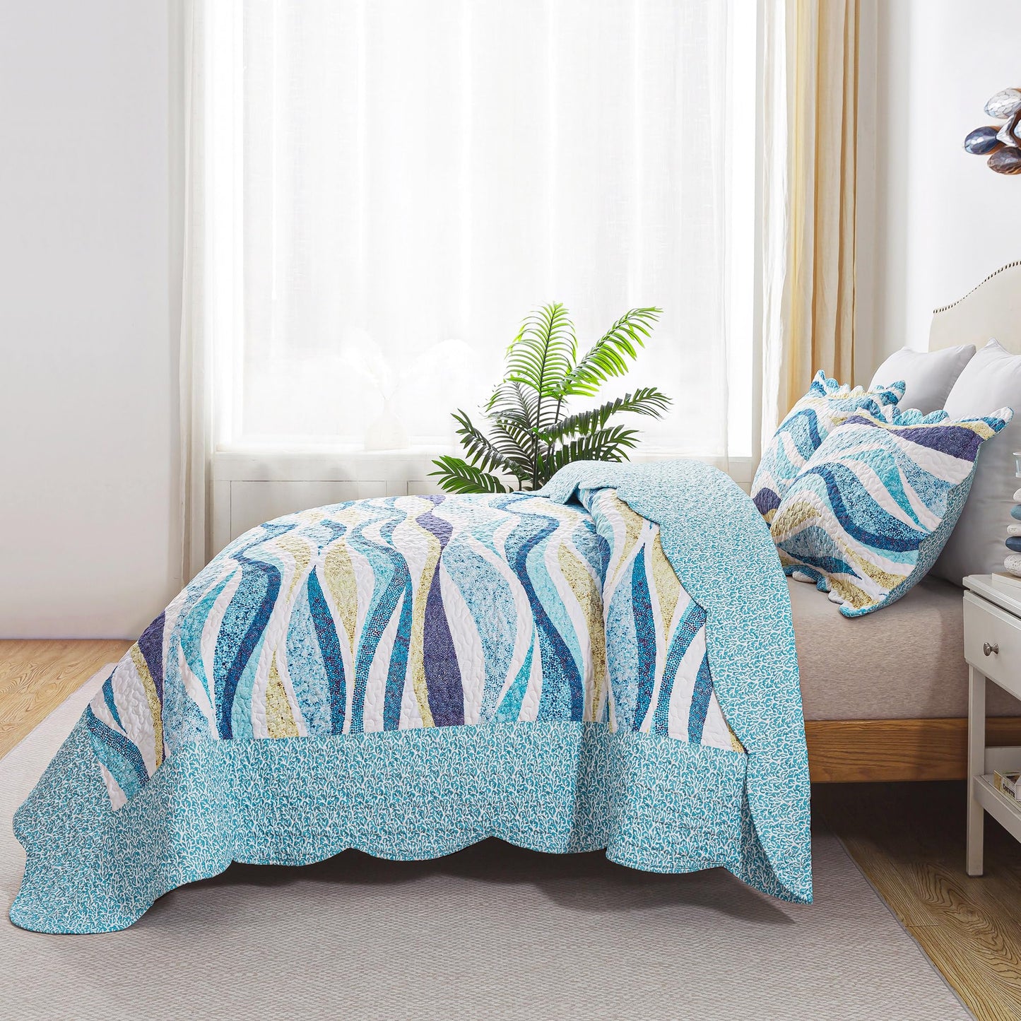 HoneiLife Queen Bedspreads Oversized - 106"x106" Coastal Quilt Sets, Beach Quilt 3-Piece, Nautical Bedspreads Ocean Coverlets, Lightweight Bed Cover, Summer Quilts