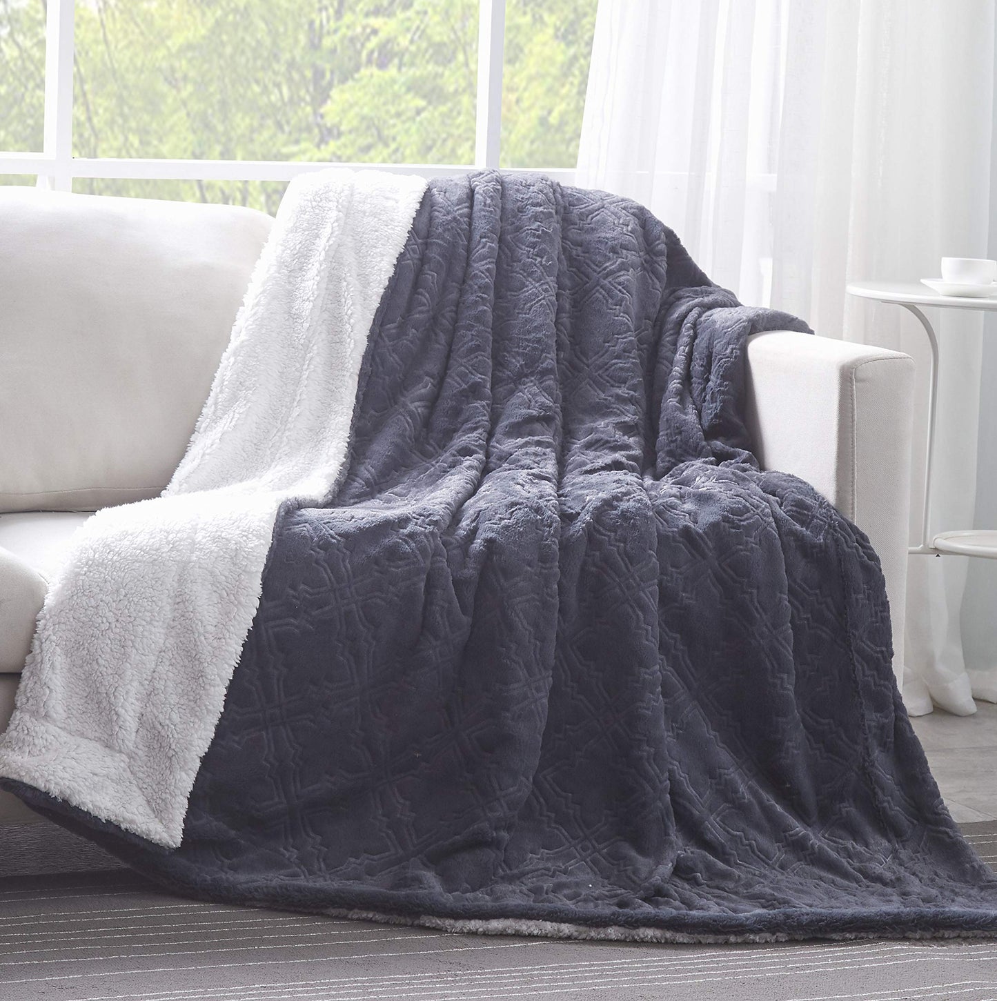 Tache Faux Fur Sherpa Blanket Set - 50x60 Blush Light Dusty Rose Gold Pink & Dark Slate Navy Blue with Diamond Trellis Pattern Super Soft, Warm, and Fluffy Throws