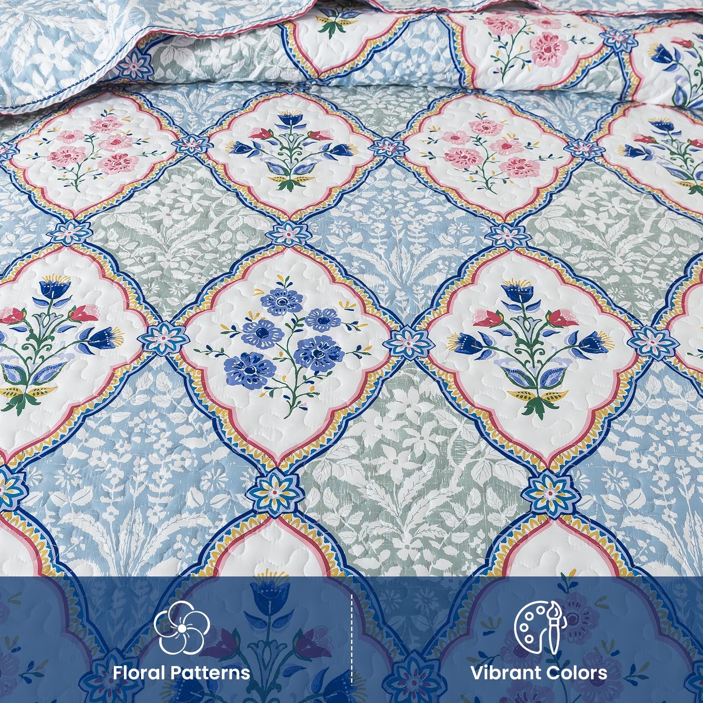 Etwel Lightweight Queen Size Quilt Set - Breathable Reversible Cotton Bedspread for Hot Sleepers, Farmhouse Floral Bedding Set with 2 Pillow Shams for All Season (90"x98", Light Blue Geometric)