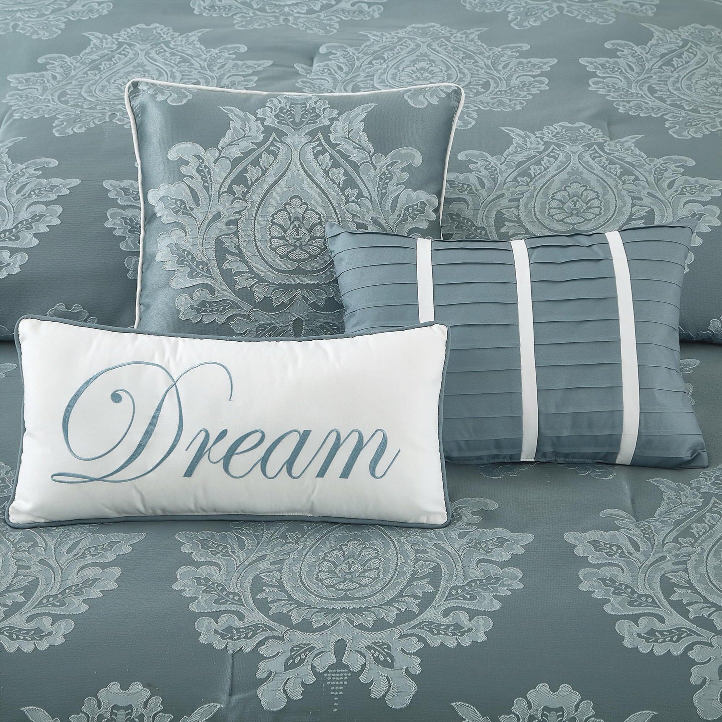 LANCO MODERN LIFESTYLE Blue Queen Comforter Set 7 Pieces, Jacquard Woven with Damask, Bedding Set in a Bag Includes Comforter, Bed Skirt, Pillow Shams, and Decorative Pillows