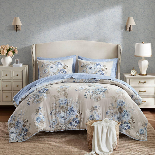 Madison Park Essentials Floral Comforter Set Queen Size, Vintage Flower Bedding Set with Sheet Set, 7 Pieces Bed in a Bag with Reversible Botanical Comforter, Pillowcases & Shams, Heather, Beige/Blue
