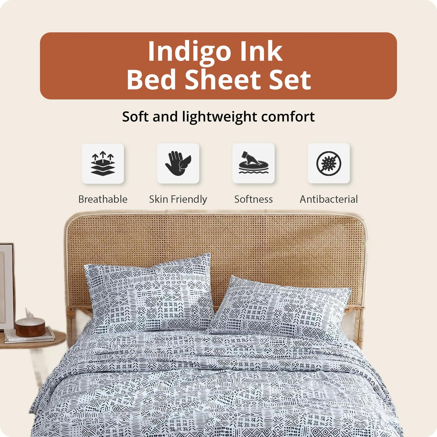 Indigo Ink Queen Size 4-Piece Sheet Set - Fitted & Flat Sheets & Pillowcases, Boho Pattern, Soft & Breathable, Durable & Wrinkle Resistant, Deep Pocket Sheets, White Denim Collection, Navy Blue