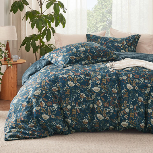 Bedsure Duvet Cover King Size - Reversible Floral Duvet Cover Set with Zipper Closure, 3 Pieces Navy Blue Bedding Set with 8 Corner Ties and 2 Pillow Shams 20"x36"