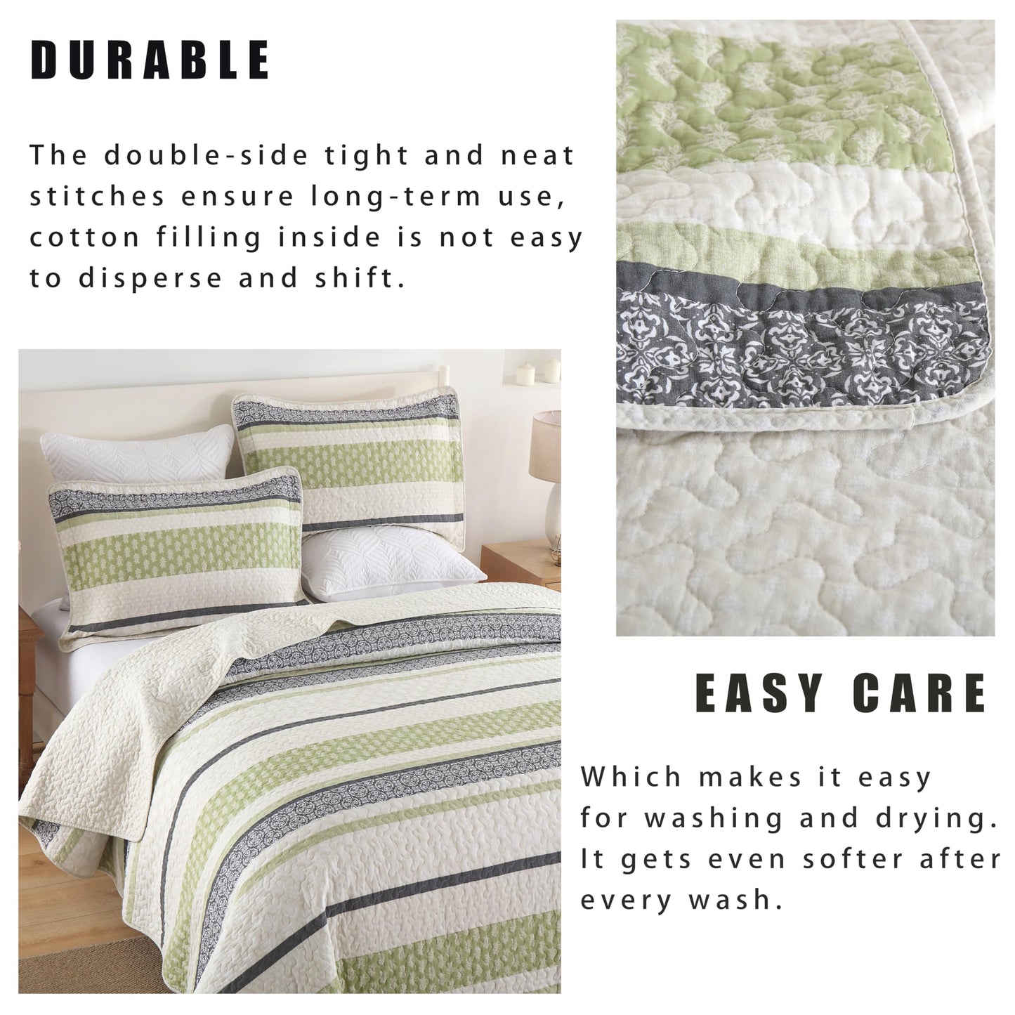 Homzard King Size Quilt,Cotton King Size Bedding Comforter Set,Sage Green Beige Grey Bedspread Set,Striped Bed Set Coverlet Lightweight Farmhouse Home Decor 3 Piece