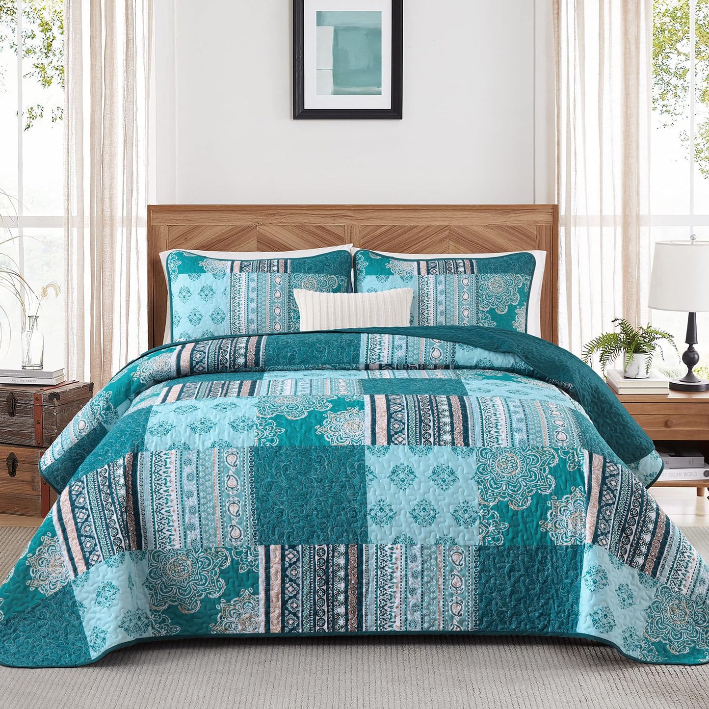 Dintszyayue Patchwork Quilt Set Queen Size,3 Pieces Teal Boho Bedspread Coverlet Set Turquoise Plaid Bohemian Quilt Bedding Set Reversible Bed Cover Soft Lightweight Coverlet Set (Queen,96"x90")