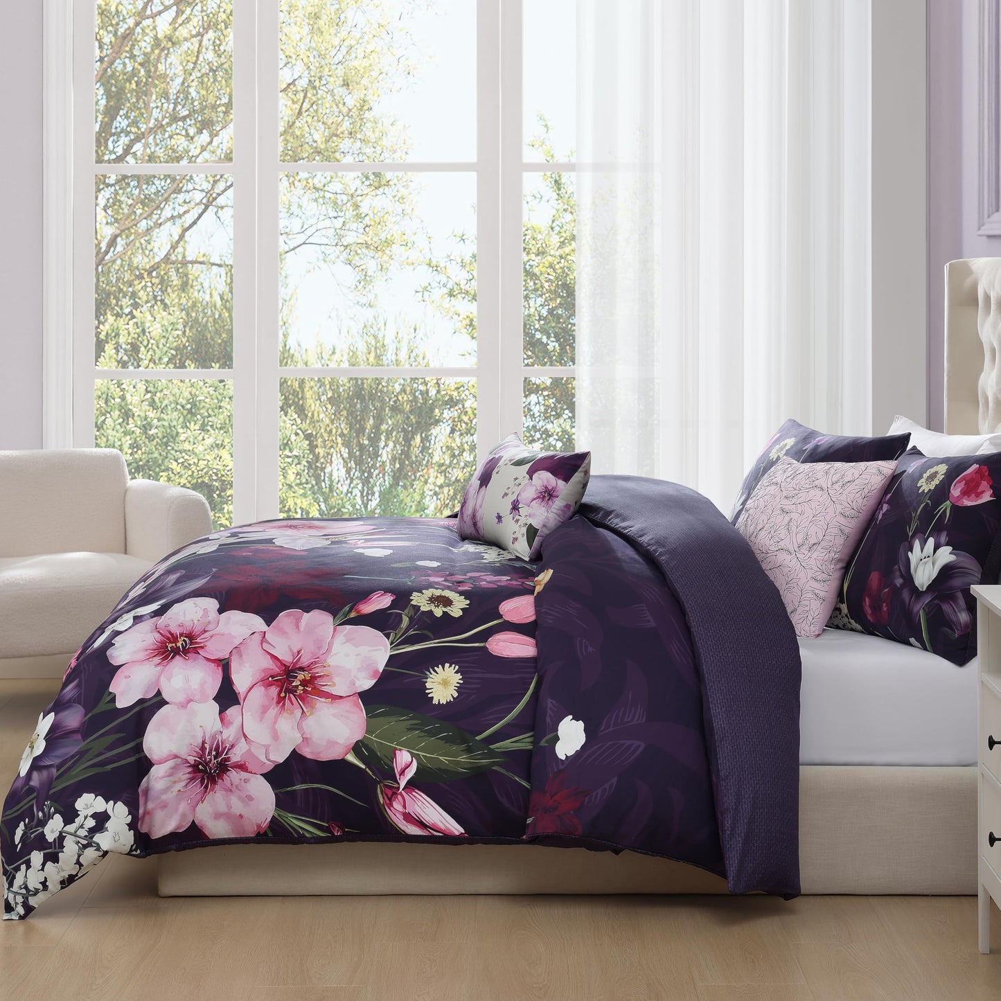 Bebejan Morning Glory 5 Piece Comforter Set, 100% Cotton Sateen, 220 Thread Count, Purple Floral Reversible Bedding Comforter Set, 1 Comforter, 2 Shams & 2 Pillows (King/Cal King)