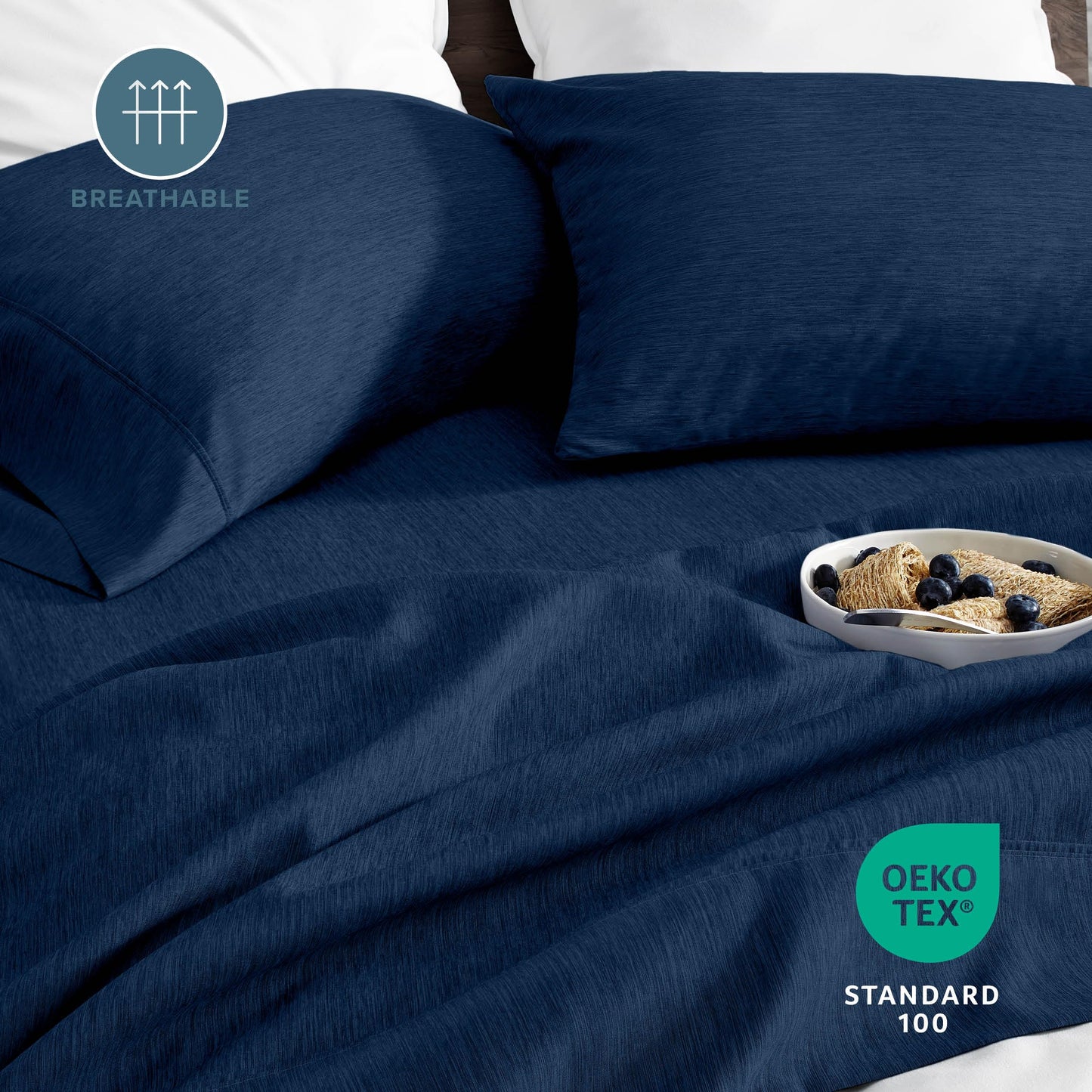 Bare Home Queen Sheet Set - Luxury 1800 Ultra-Soft Microfiber Double Brushed - Deep Pockets - Easy Fit - 4 Piece Set - Bedding Sheets & Pillowcases (Queen, Heathered Dark Blue)