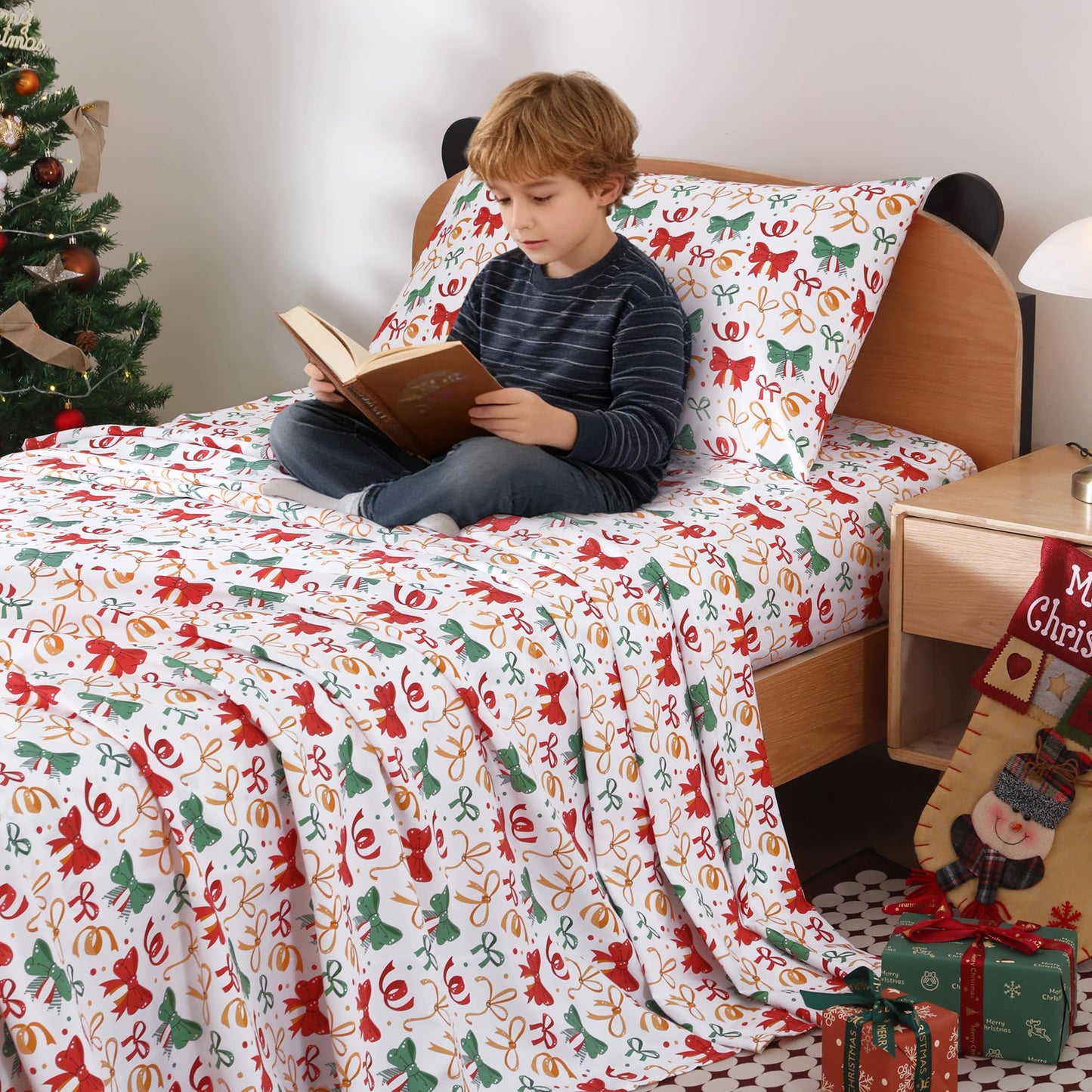 Softan Kids Bed Sheet Set, Boys/Girls Full Size Sheets, Microfiber Kids Fitted Sheet and Pillowcase, Breathable and Silky Soft, 4 Piece Christmas Bowknot Printed Full Bed Sheet