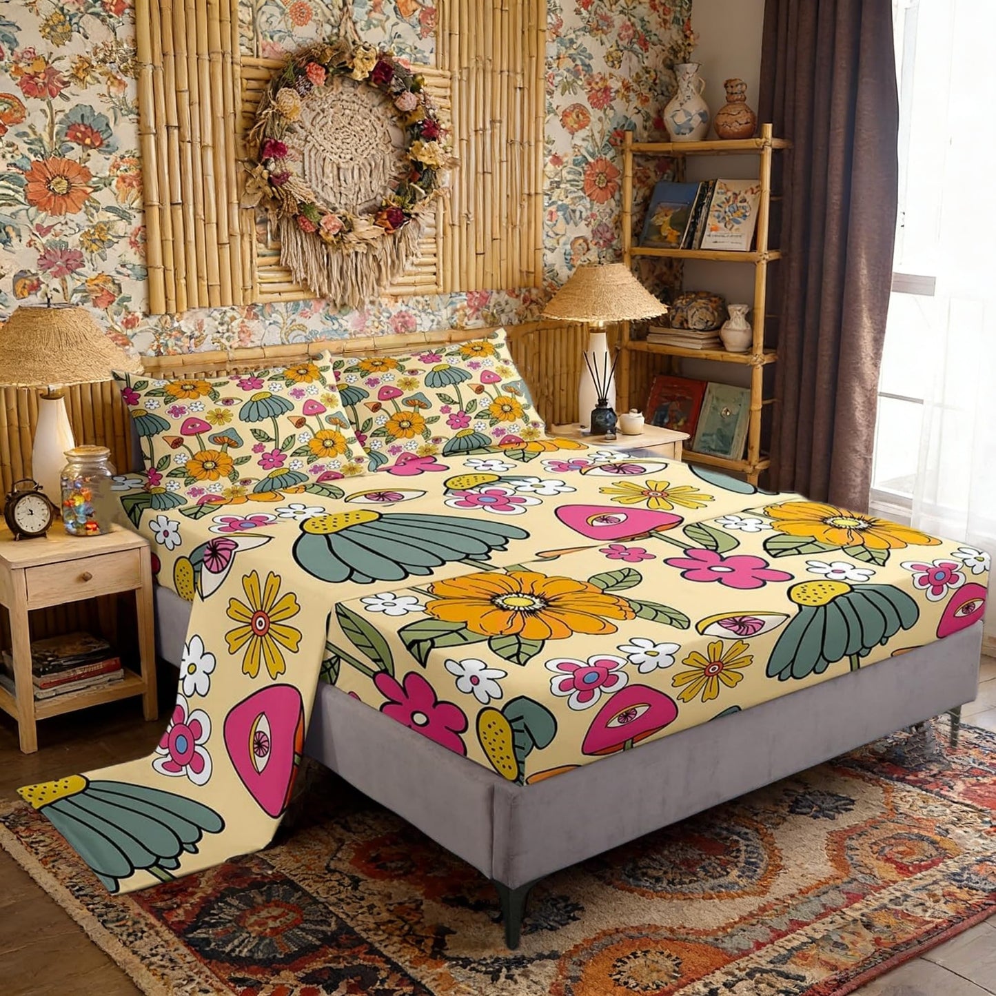 70s Retro Floral Fitted Sheet Set Full Size 4pcs,Hippie Flowers Leaves Bedding Sets(1 Fitted, 1 Flat, 2 Pillowcases) Cartoon Eyes Mushroom Luxury Deep Pocket Bed Sheets, Modern