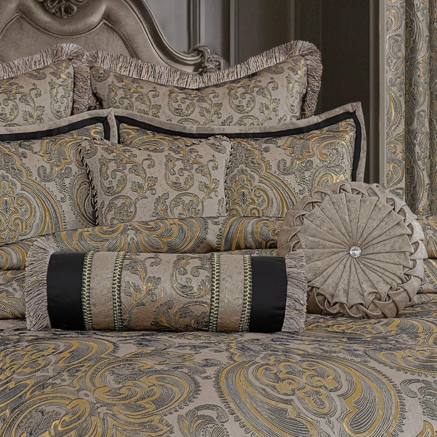 Loom and Mill 9-Piece Luxury King Size Comforter Set, European Damask Comforter Sets, Jacquard Bedding Sets with Euro Shams, Bedskirt, Filled Decorative Pillows(Taupe+Gold+Gray,King)