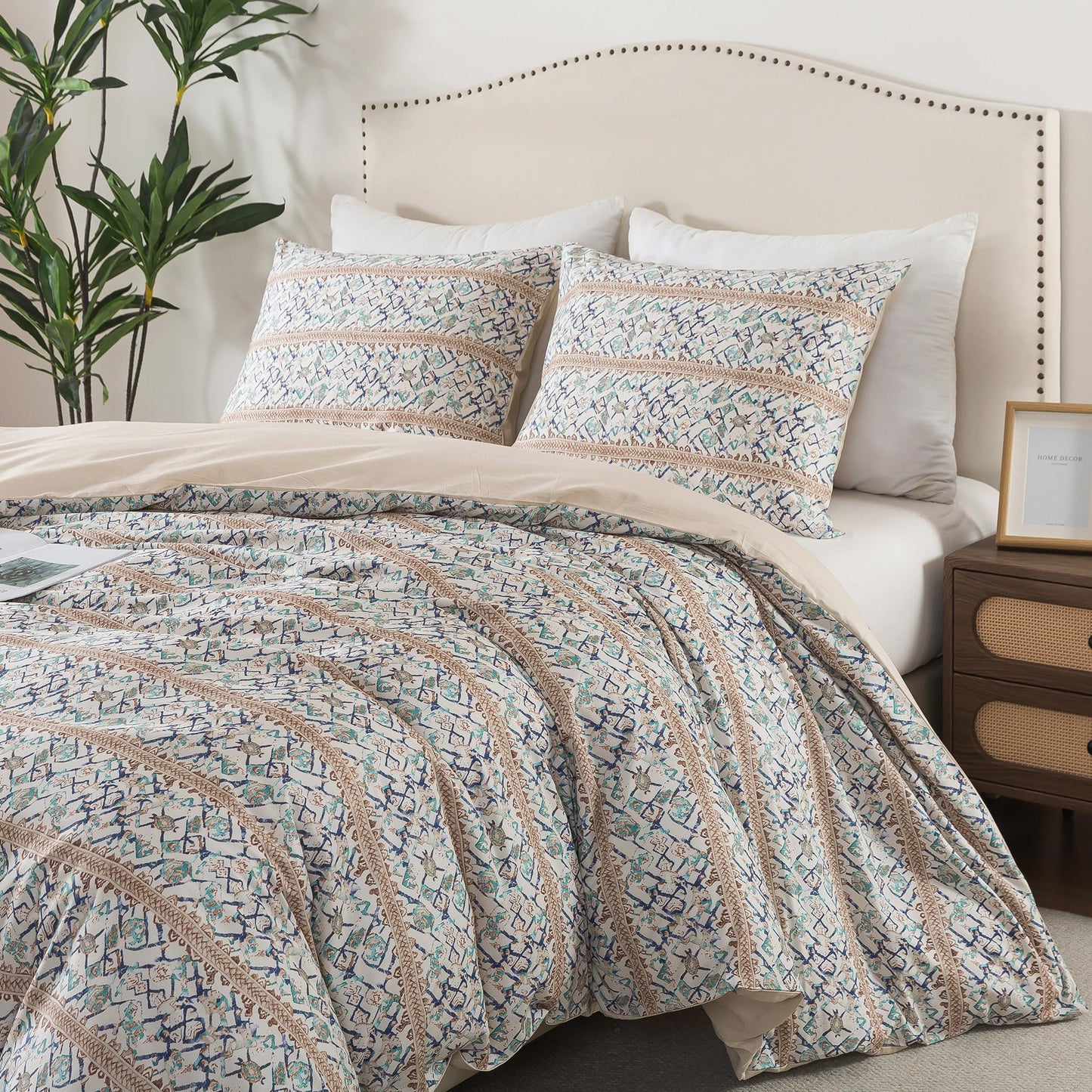 HoneiLife Retro Duvet Cover King - 100% Cotton Comforter Cover, Soft & Breathable Bed Linen Sets for King Bed