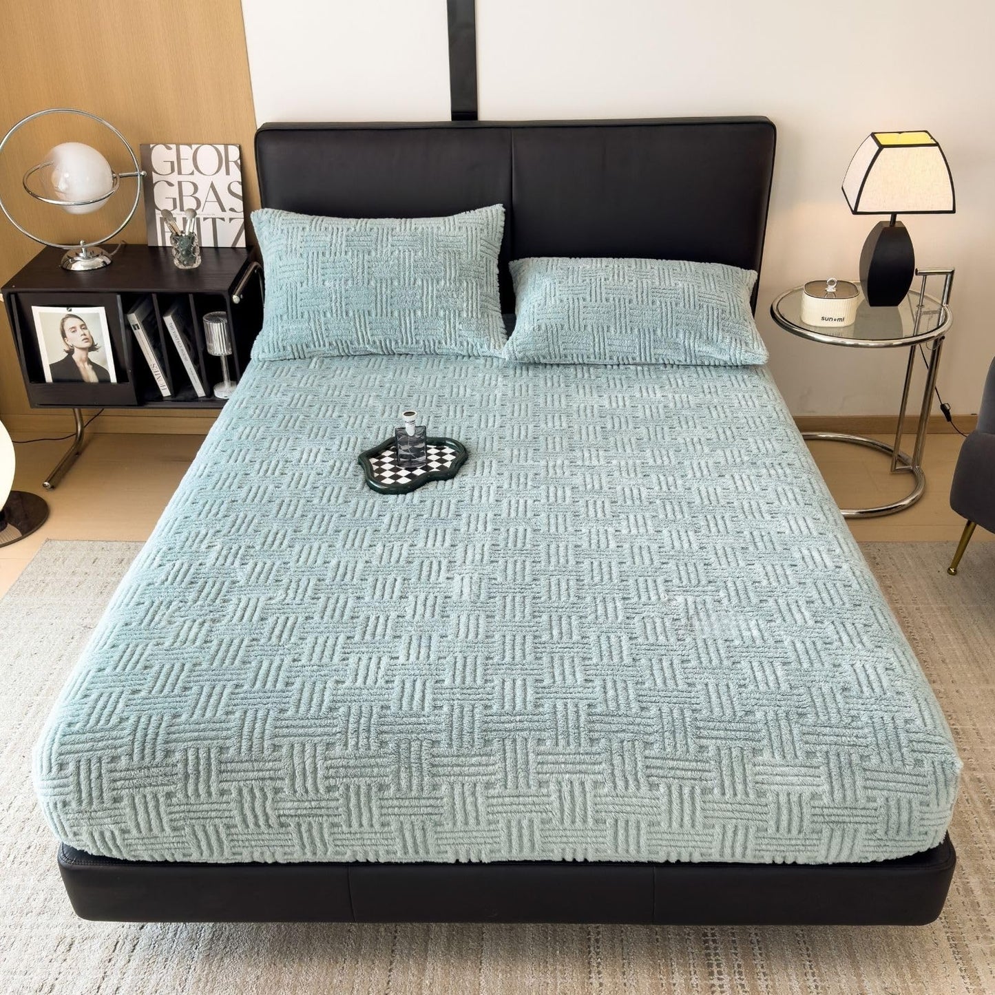 ZIQINPSQ Twin Size Flannel Fitted Sheet - 1 Piece Winter Warm Deep Pocket (15") Bed Sheet, Shrink & Fade Resistant, Hotel Quality, Pale Turquoise