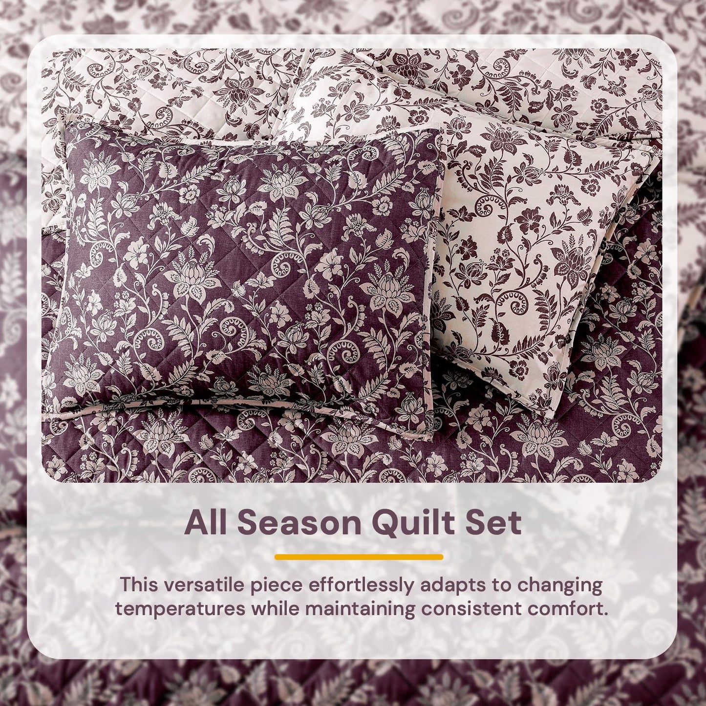 BLOOMHAVEN Quilt Set Queen Size, Italian Plum Floral Quilt Sets, Reversible Bedspread Lightweight and Breathable for All Seasons, Soft Quilted Bedspread with 2 Pillow Shams