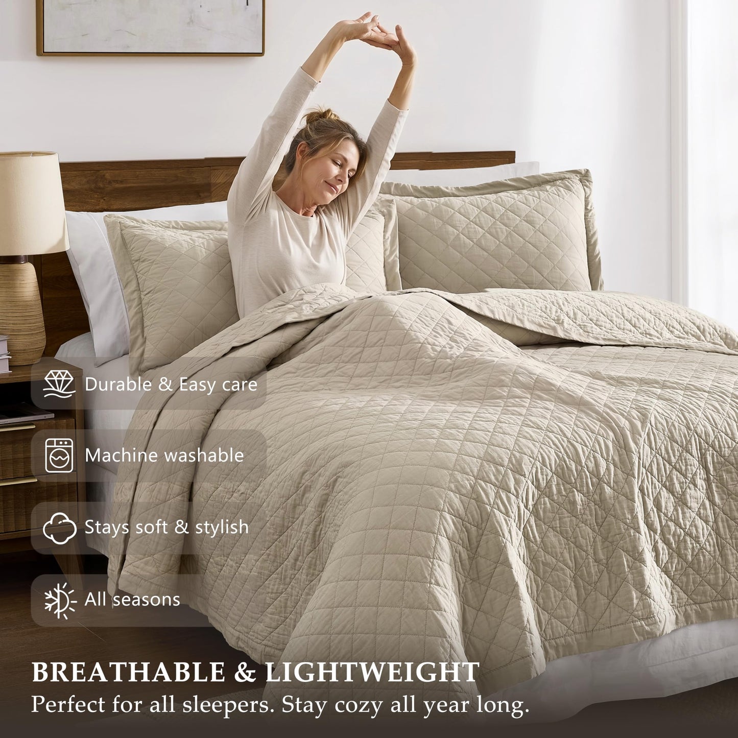 WDCOZY 100% Cotton Quilt Oversized King Size Bedspread, Pre-Washed 3-Piece Lightweight Soft Coverlet Set with 2 Pillow Shams, Farmhouse Design All Season Bedding Set, Beige