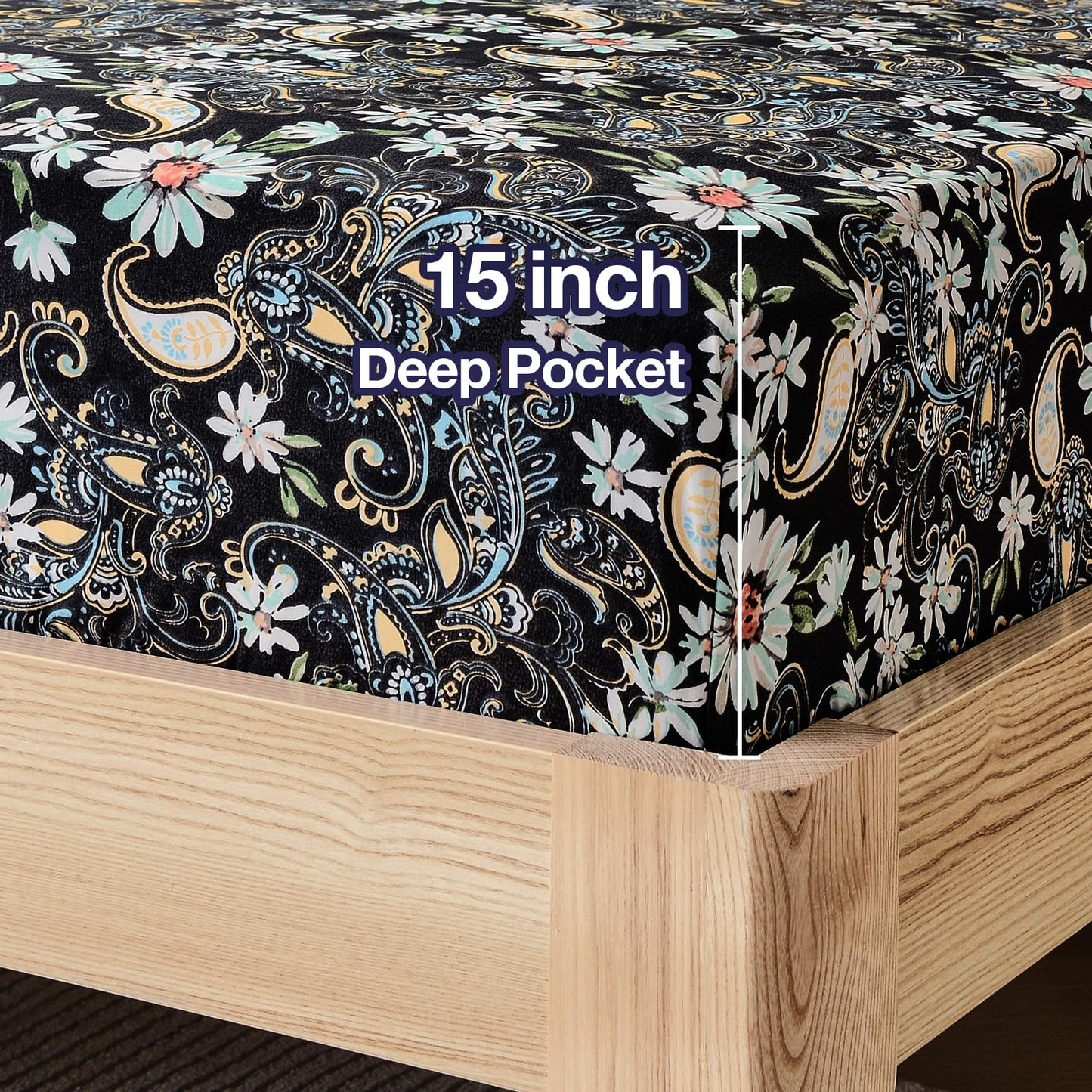 JSD Black Paisley Floral Sheet Set Queen Size 6 Piece, Printed Pattern Soft Microfiber Bed Sheets Extra Deep Pocket
