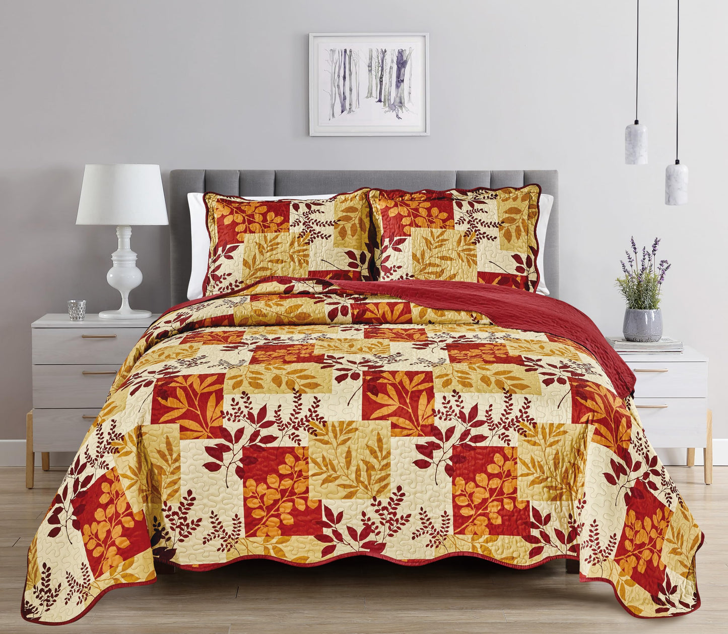 Grand Linen 3-Piece King Size Wave Edged Oversized Quilt Set 120 inch X 106 inch All Seasons Large Bedspread, Pillow Shams Lightweight Soft Coverlet Red Orange Colors Bed Cover Fern Leaves Pattern