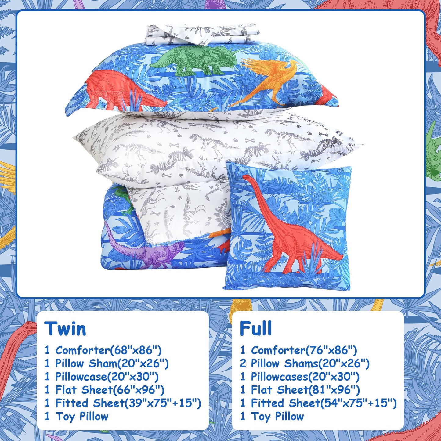 Mooreeke Kids Twin Comforter Sets for Boys 6 Pieces Blue Bedding Set for Teens Microfiber Dinosaur Kids Bed in A Bag with Comforter, Sheet Set, Shams and Decorative Toy Pillow All Season