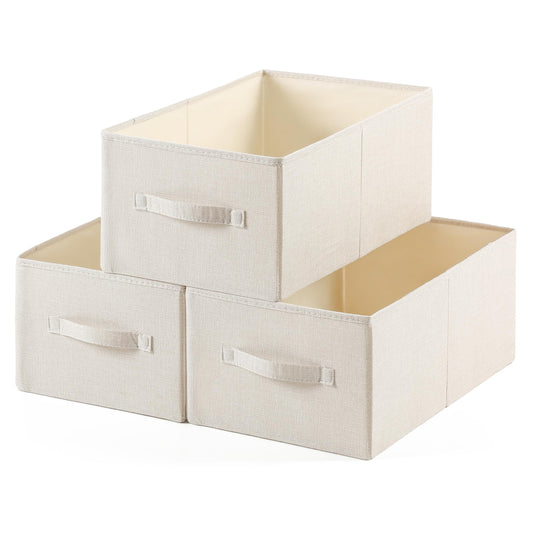 tulinstiraga Linen Folding Storage Bins, 3 Pack Large Storage Baskets, Washable, Clothing Storage Bins with Handle, Closet Organizer for Storage Sweater,Sheets(Beige, 18½"x11 x8½)