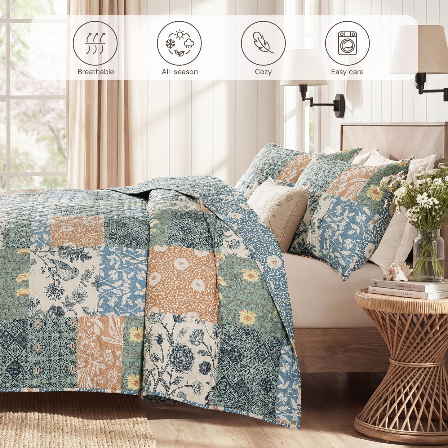 BLOOMHAVEN Quilt Set Queen Size, Patchwork Green Floral Quilt Sets, Reversible Bedspread Lightweight and Breathable for All Seasons, Soft Quilted Bedspread with 2 Pillow Shams