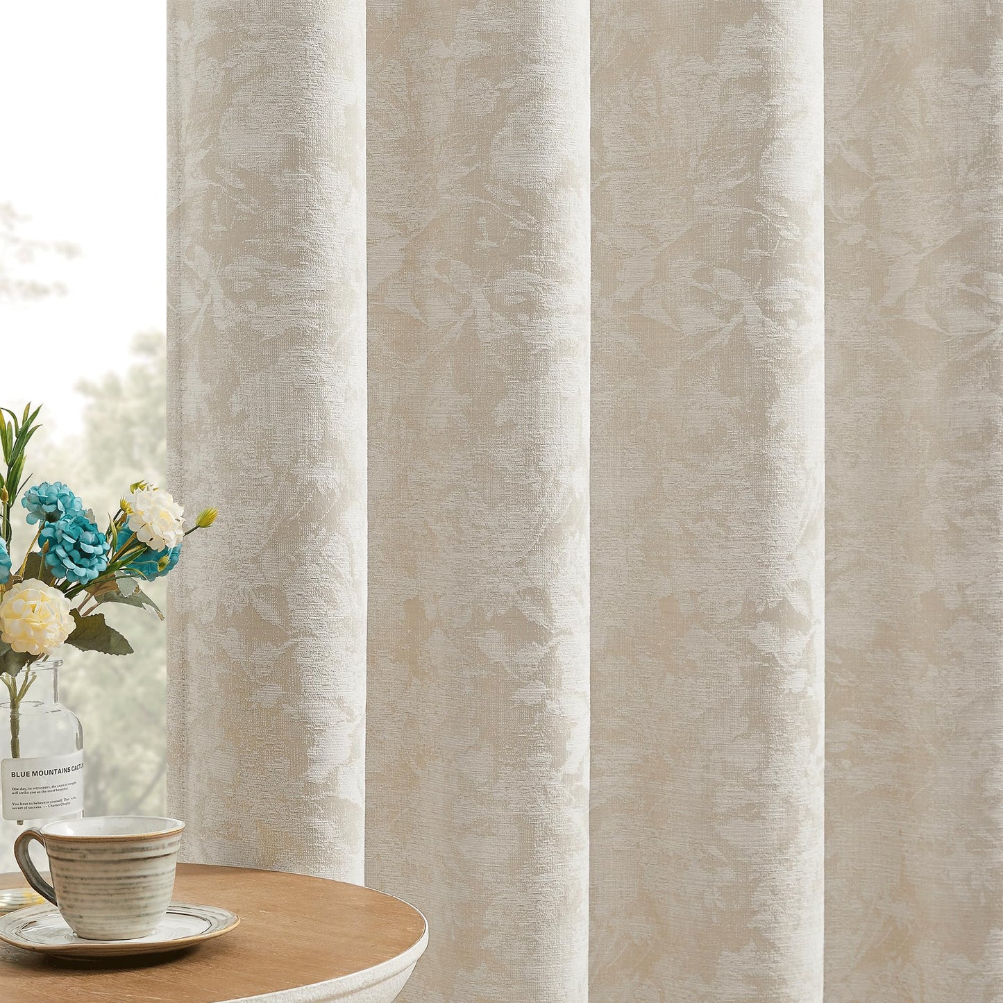 Beauoop Beige Floral Jacquard Blackout Curtains 84 Inches Long 2 Panels for Bedroom Living Room Flower Chenille Room Darkening Thermal Insulated Soundproof Grommet Window Treatments Drapes 52x84x2